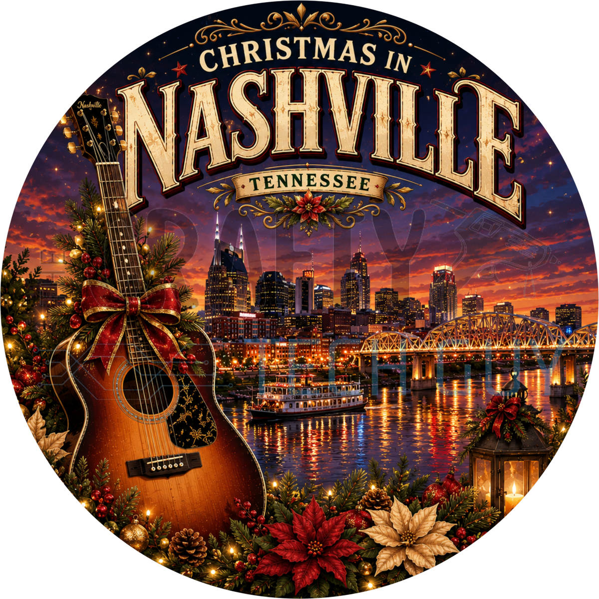 Christmas in Nashville Tennessee round wreath sign with a bow-tied guitar in lit garland, the skyline, riverboat and poinsettias