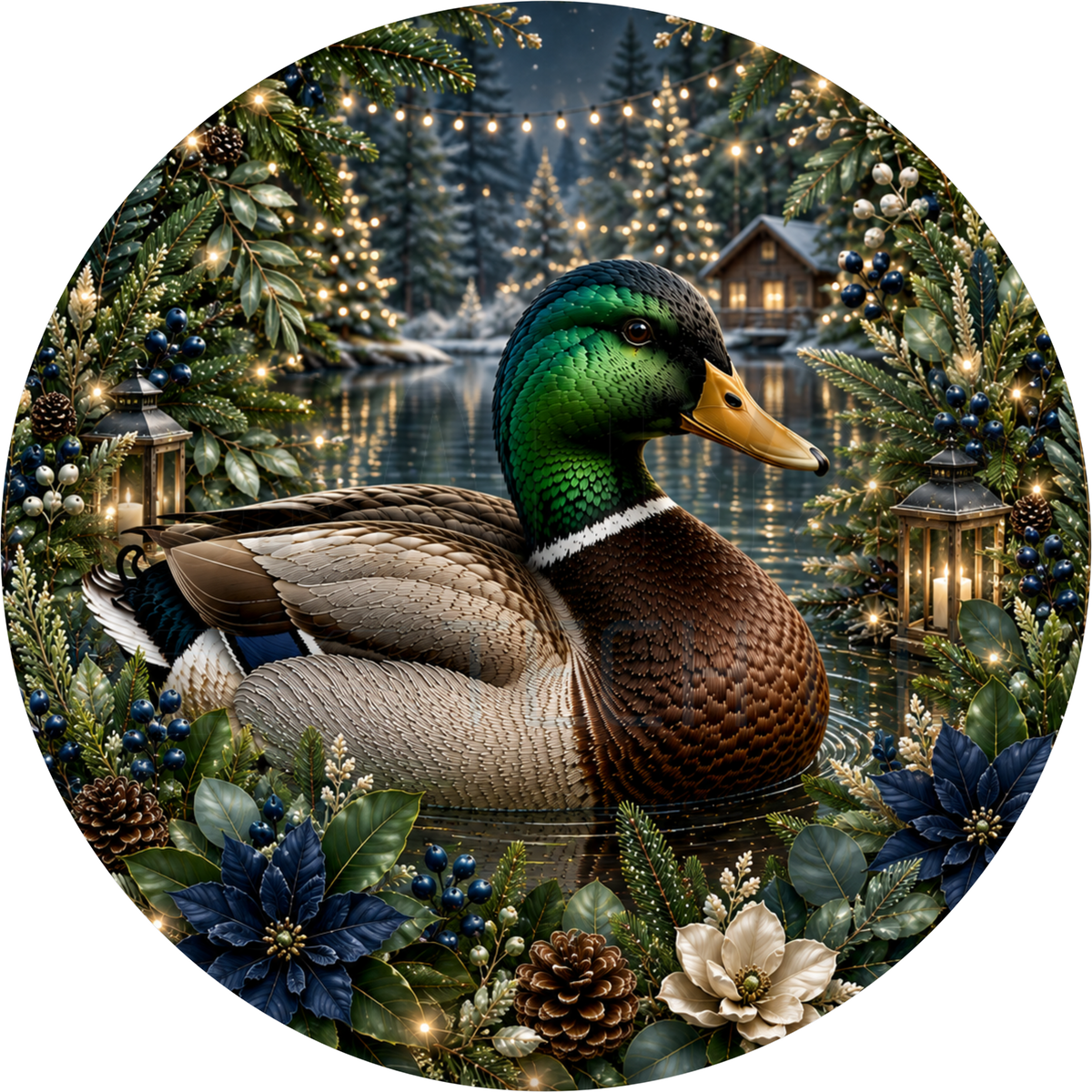 Round wreath sign in navy and gold coated aluminum showing a mallard duck on a night lake with a lit cabin, string lights, lanterns and navy poinsettias