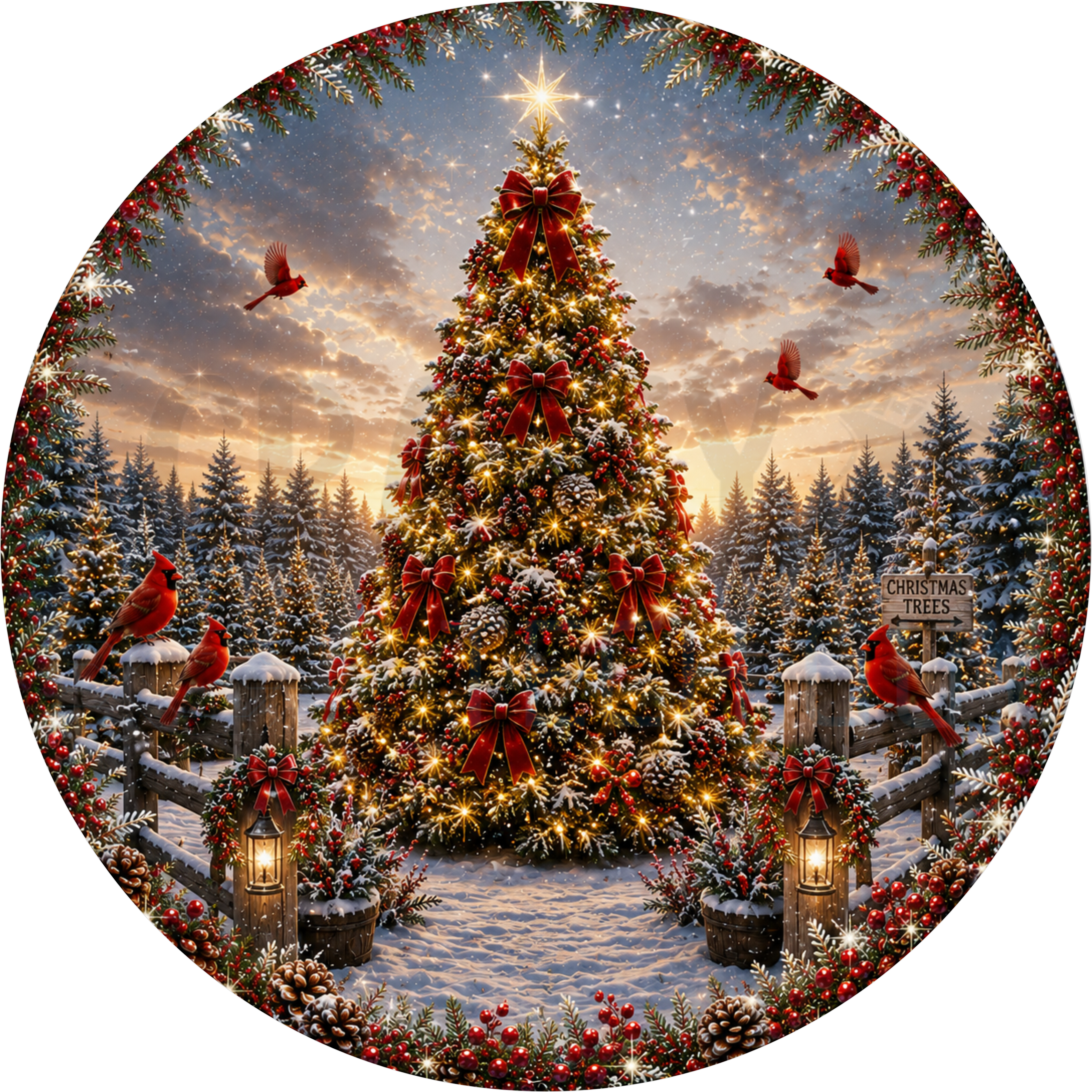 Christmas tree farm round wreath sign with a lit tree covered in red bows, glowing lanterns, cardinals and rows of snowy pines