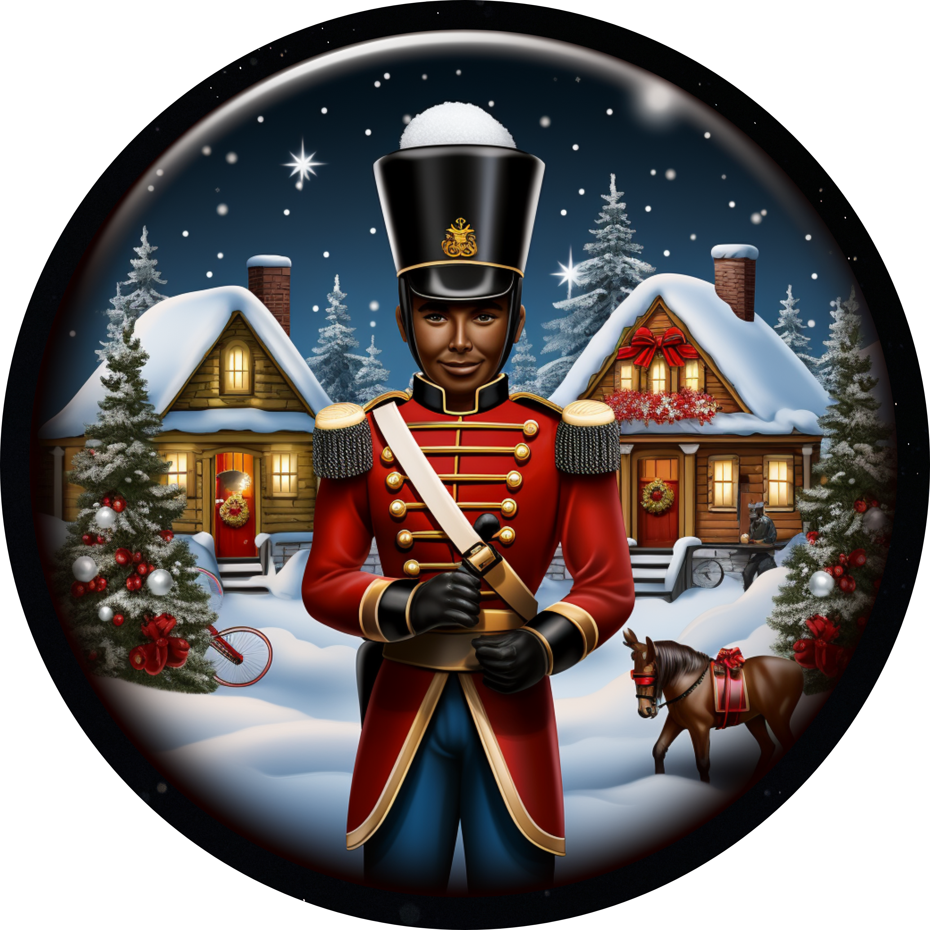 Classic Nutcracker Soldier Design | Traditional Christmas Scene | Festive Holiday Art with Cozy Snowy Village Background