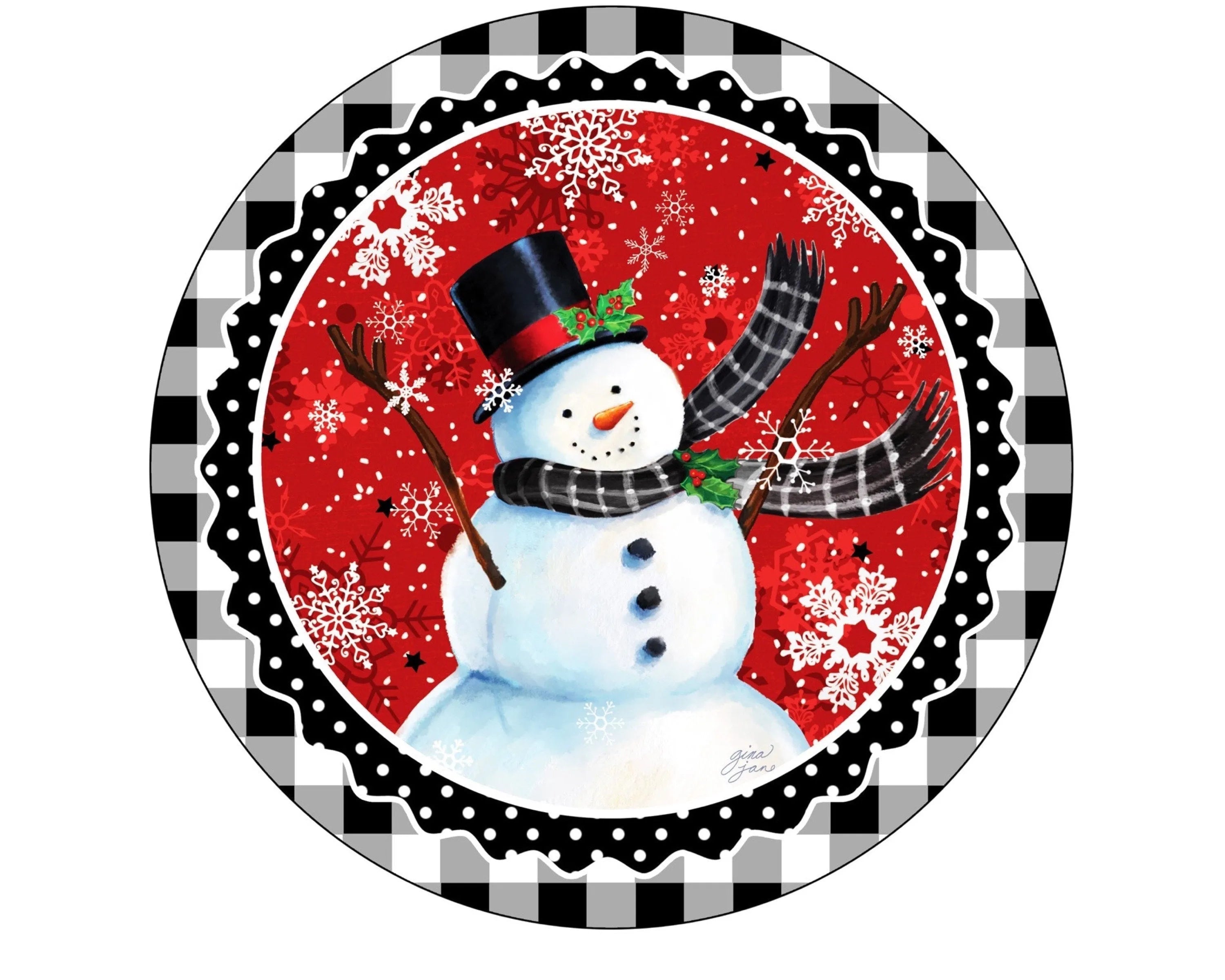 Letrero clásico de corona navideña de muñeco de nieve, accesorio de corona de muñeco de nieve vintage con nieve cayendo, arte de pared navideño con lunares y cuadros de búfalo