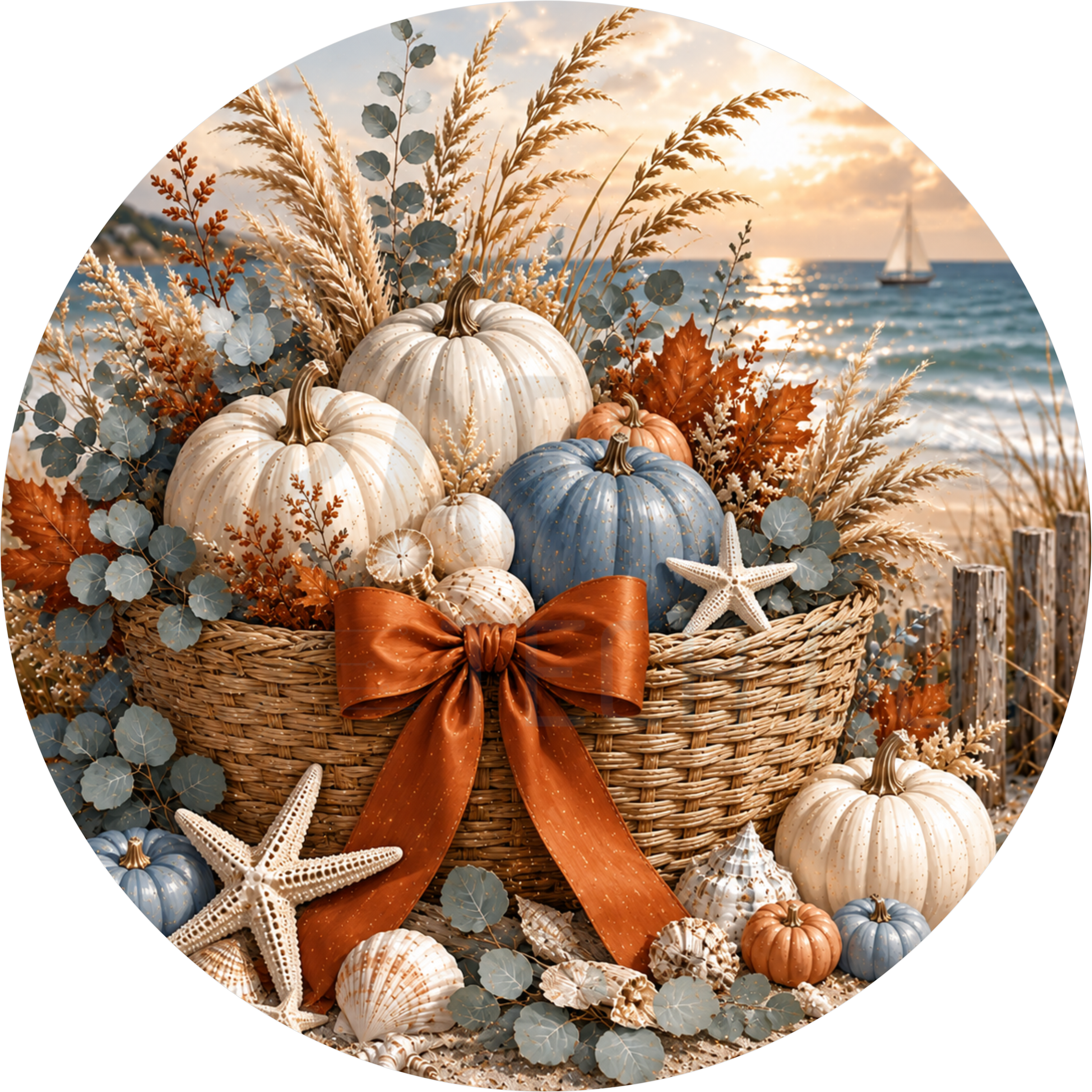 Coastal fall round wreath sign with a wicker basket of cream and blue pumpkins tied with a rust bow, pampas grass, starfish and shells on the beach