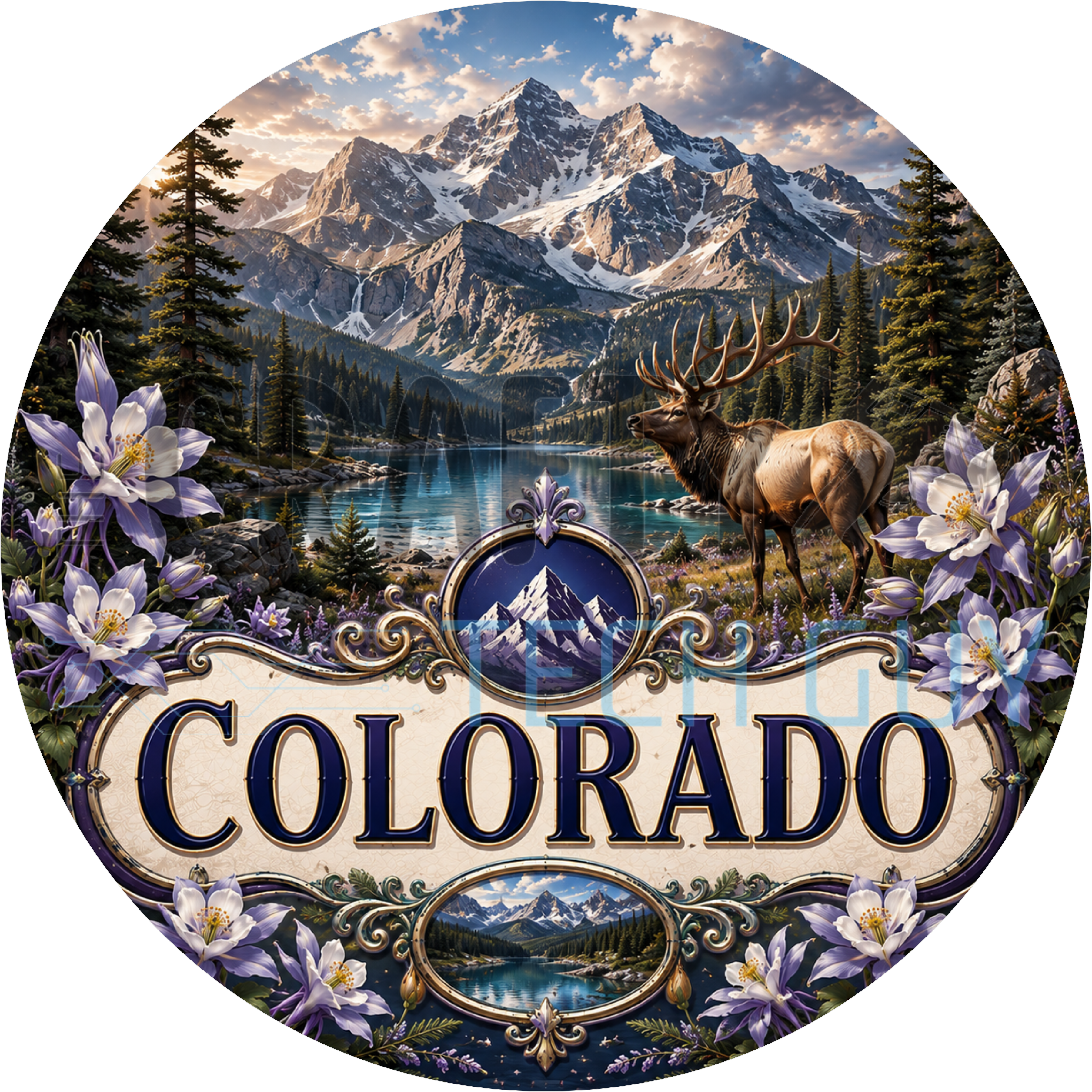 Colorado round wreath sign in coated aluminum, showing blue columbine, an elk, snow-capped Rocky Mountains and an alpine lake