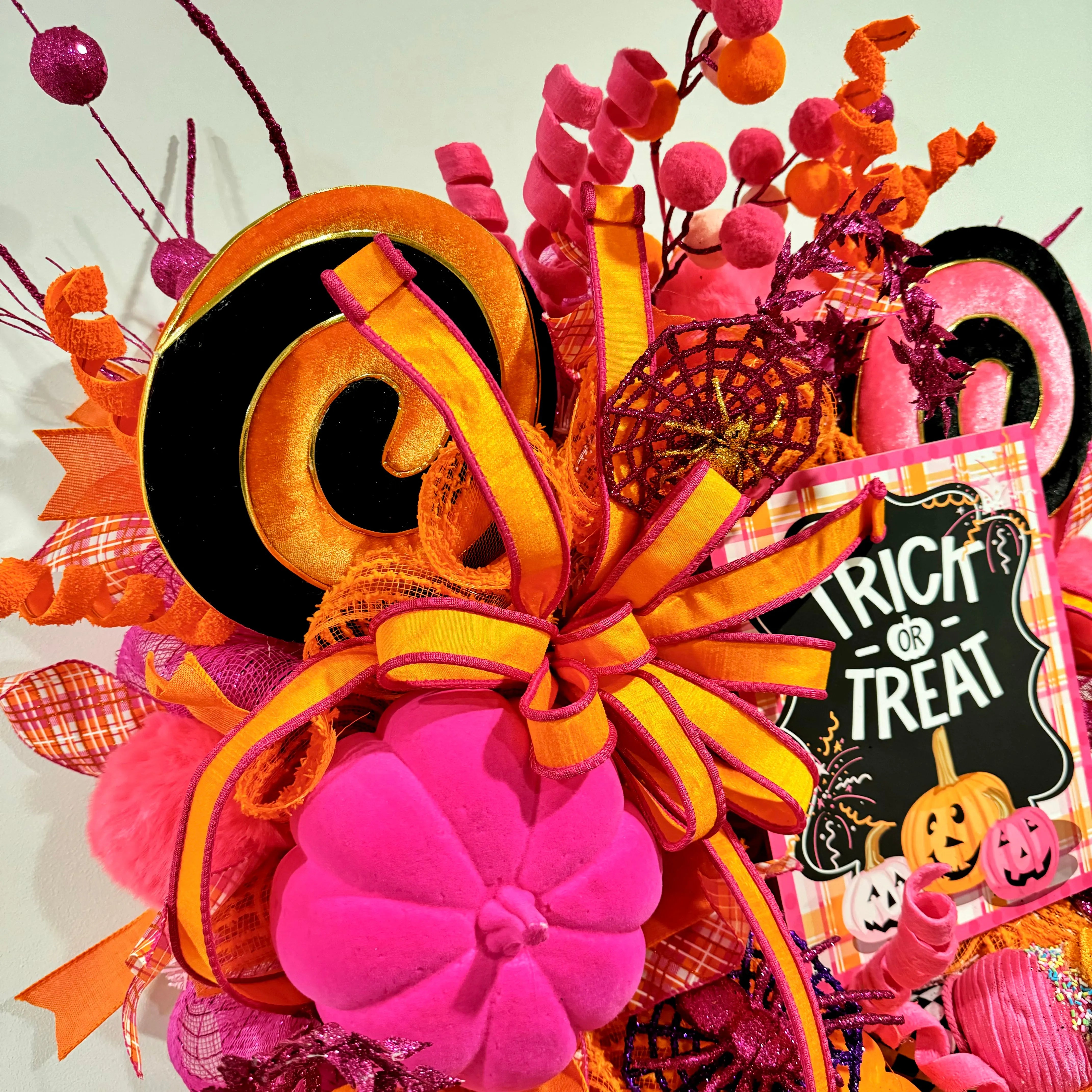 Colorful Trick or Treat Wreath - Halloween Deco Mesh Wreath with Pink and Orange Pumpkins