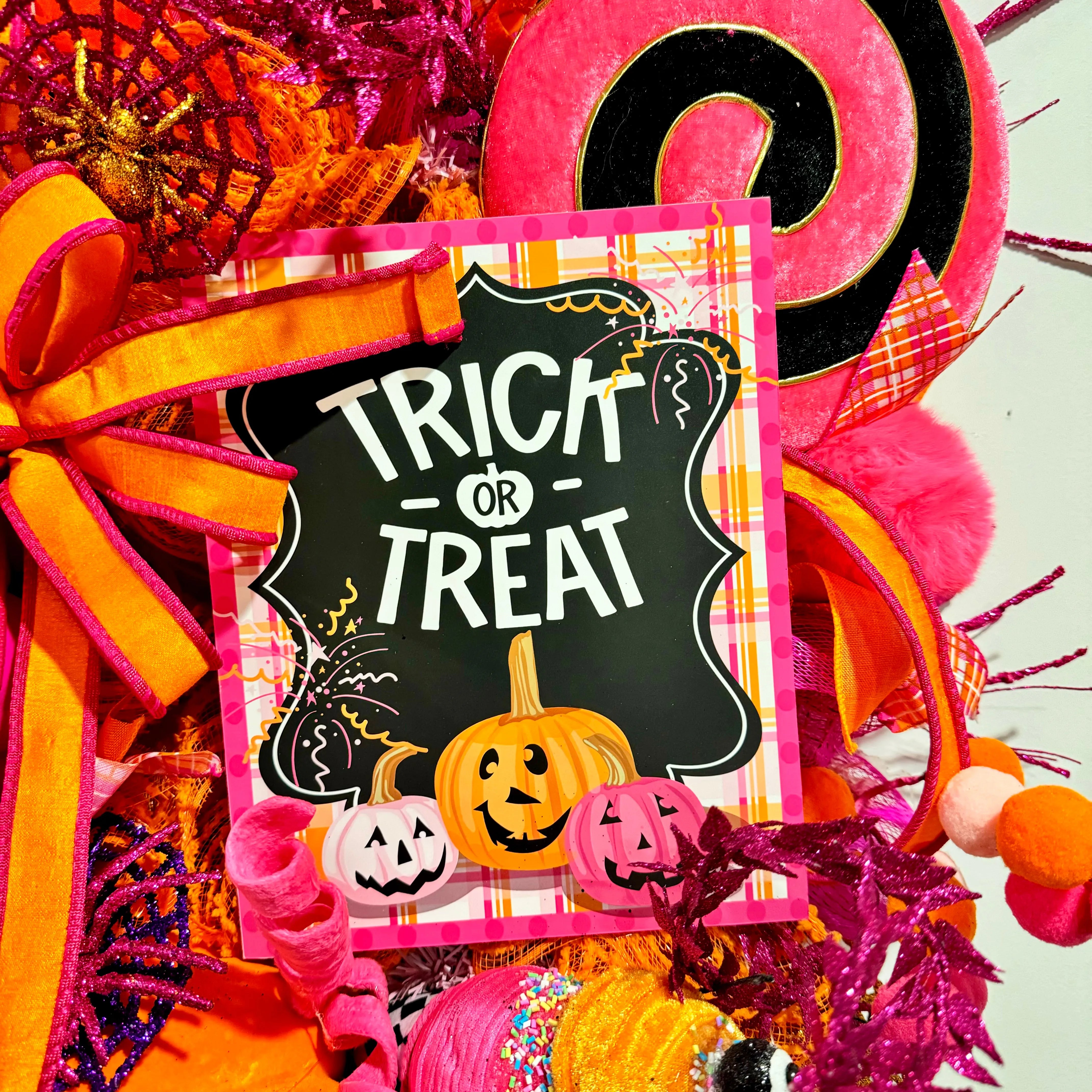 Colorful Trick or Treat Wreath - Halloween Deco Mesh Wreath with Pink and Orange Pumpkins