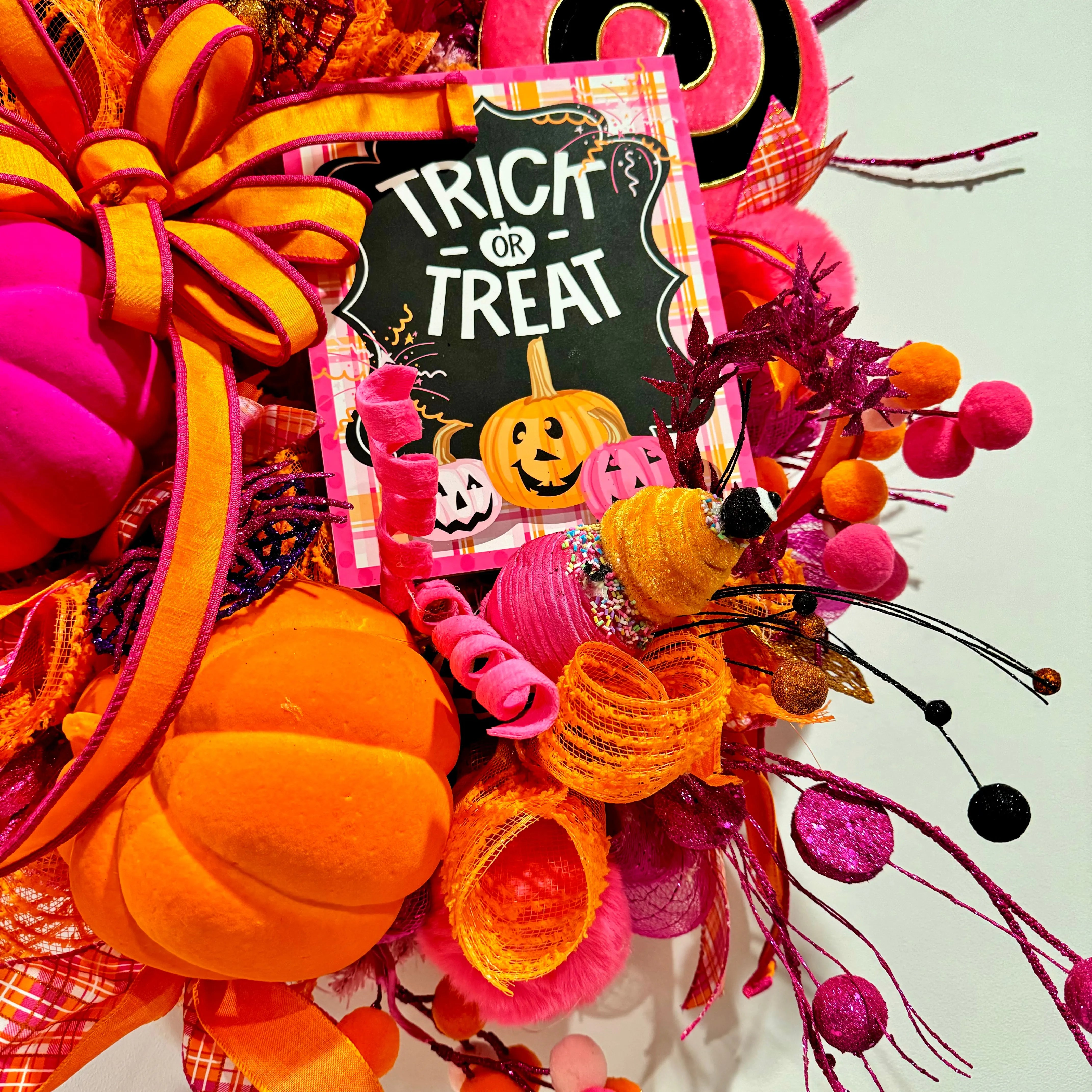 Colorful Trick or Treat Wreath - Halloween Deco Mesh Wreath with Pink and Orange Pumpkins