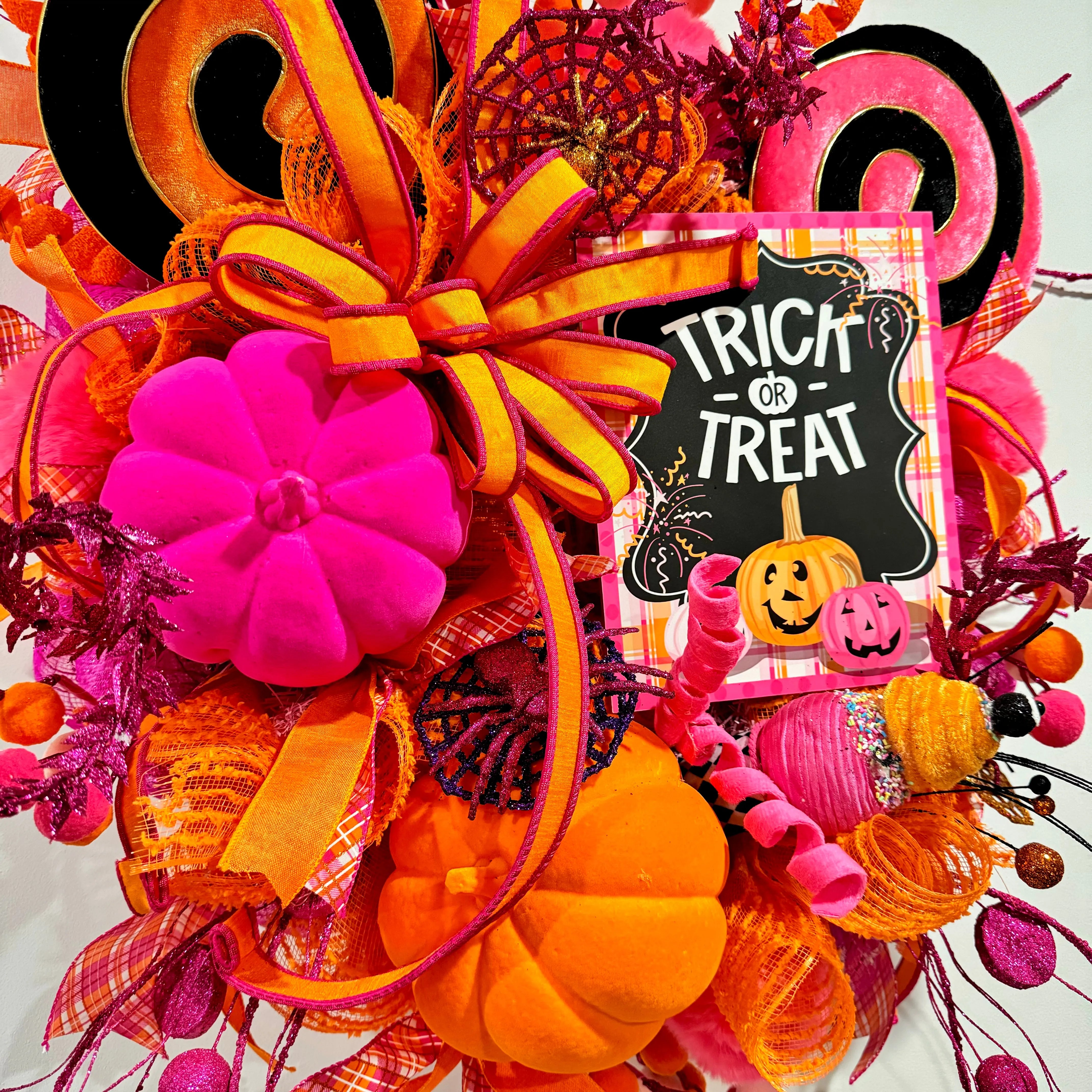 Colorful Trick or Treat Wreath - Halloween Deco Mesh Wreath with Pink and Orange Pumpkins