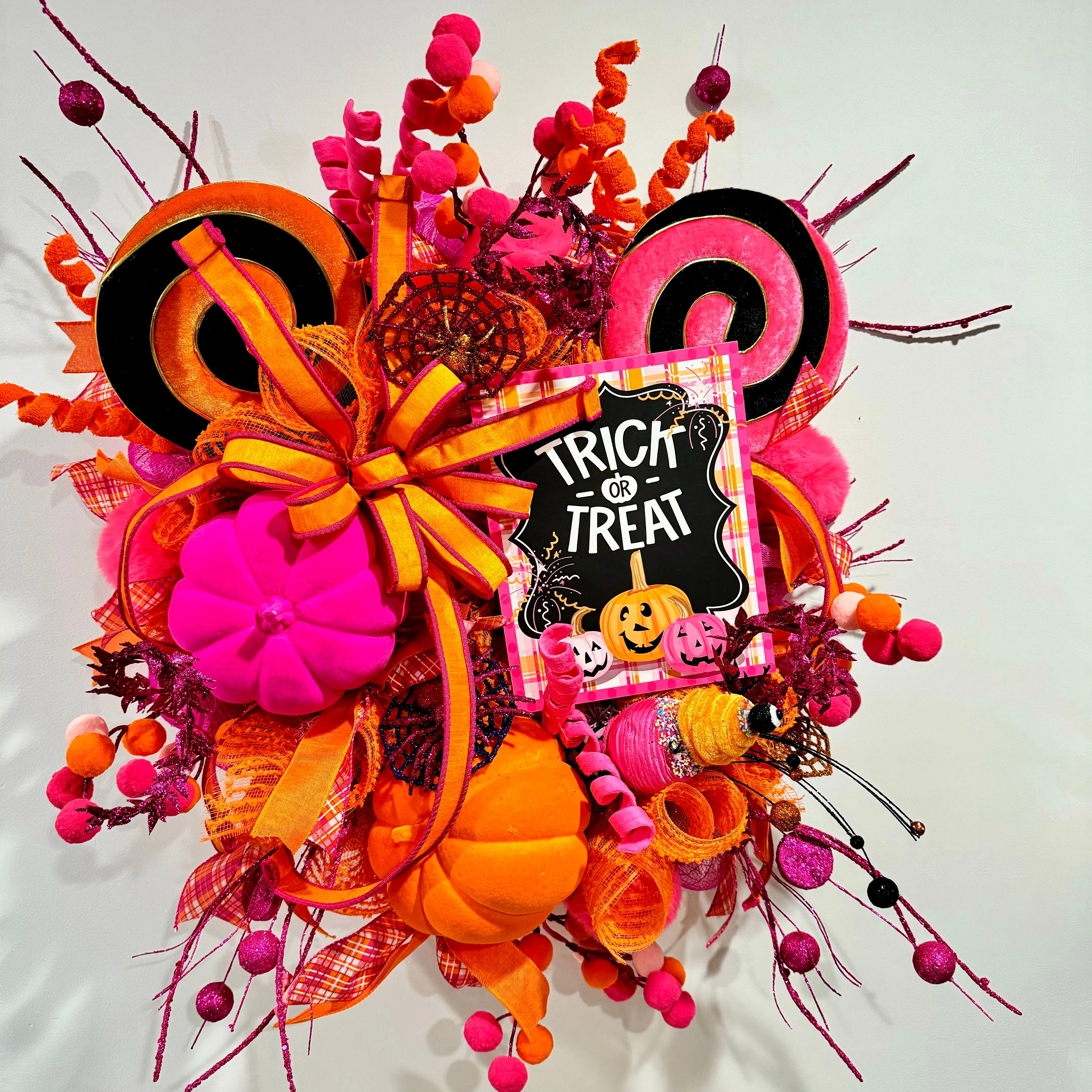 Colorful Trick or Treat Wreath - Halloween Deco Mesh Wreath with Pink and Orange Pumpkins