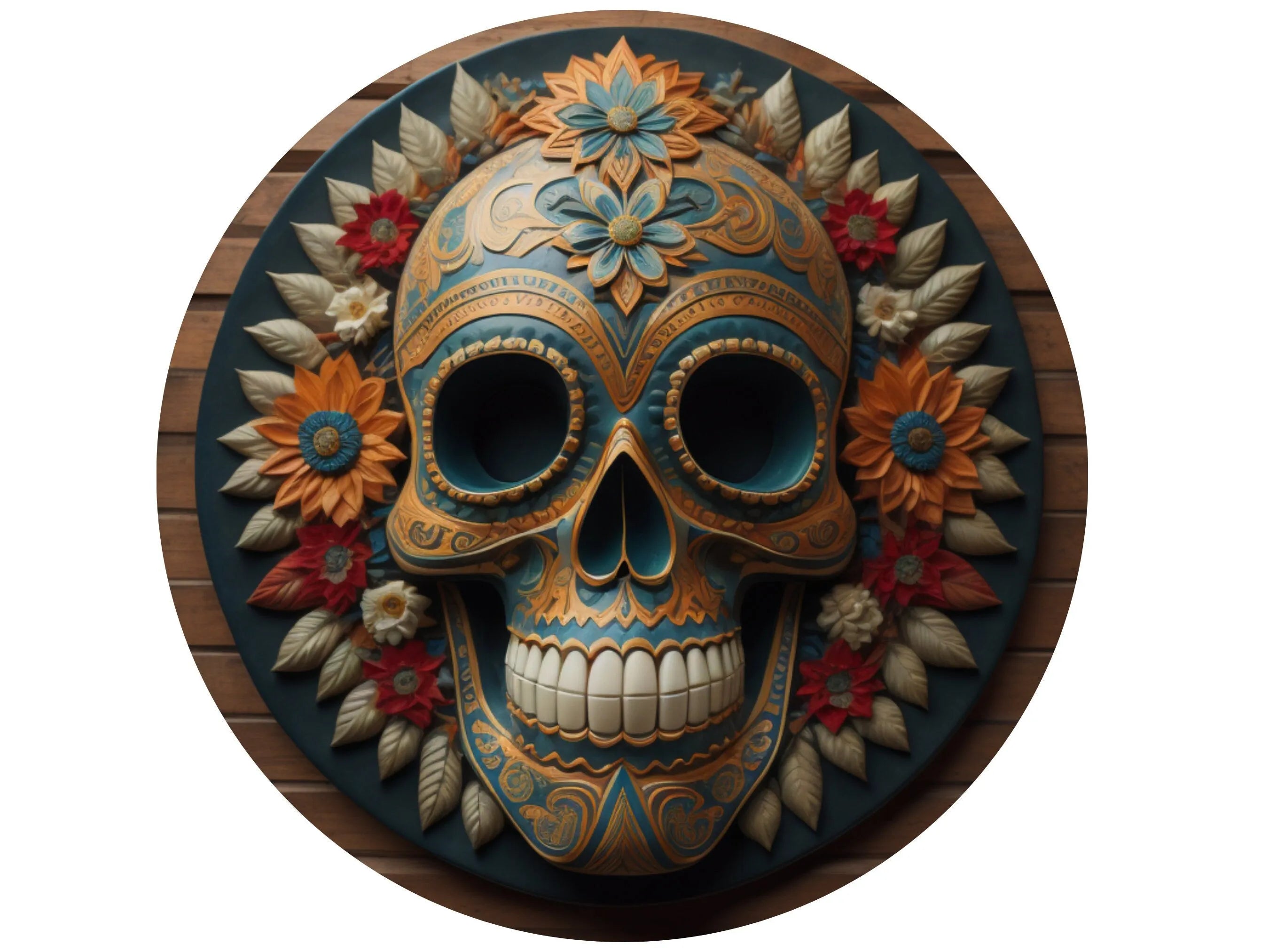 colorful wood carved style Day of the Dead wreath sign with flowers, Día de los Muertos sign, sign for Halloween