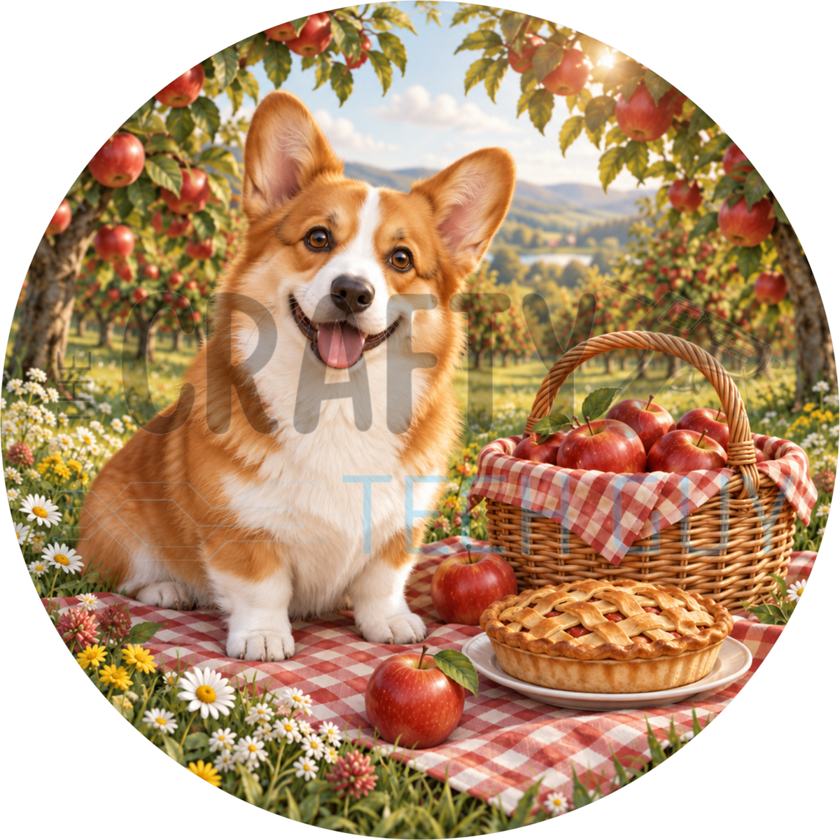 Pembroke Welsh corgi round wreath sign on a red gingham blanket with a basket of apples and a lattice pie in an orchard