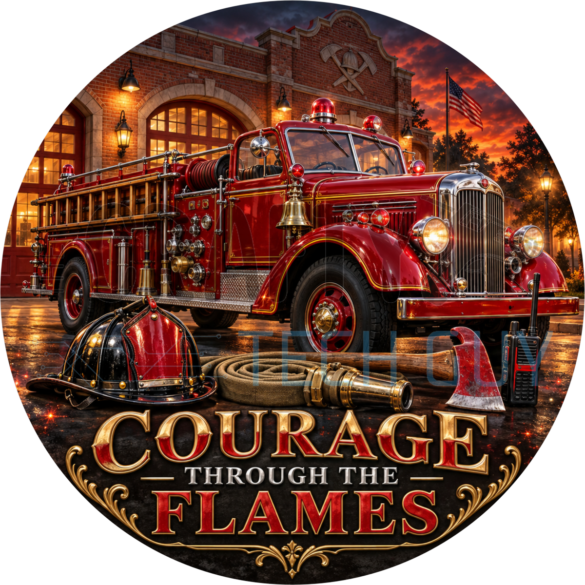 Courage Through The Flames round wreath sign with a vintage red fire engine outside a brick firehouse, leather helmet and brass hose