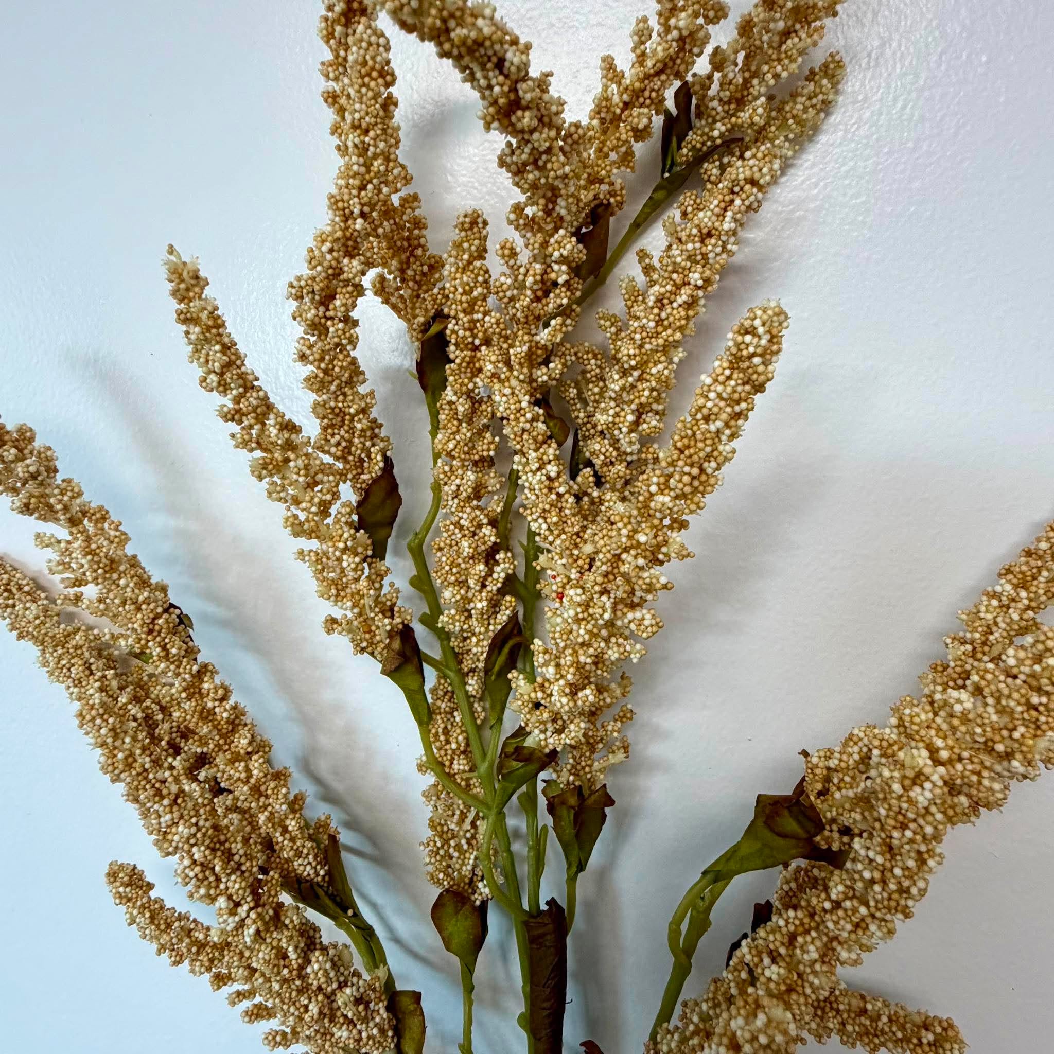 Close Up of Cream Tan Millet Seed Plumes on Neutral Fall Wreath Stem