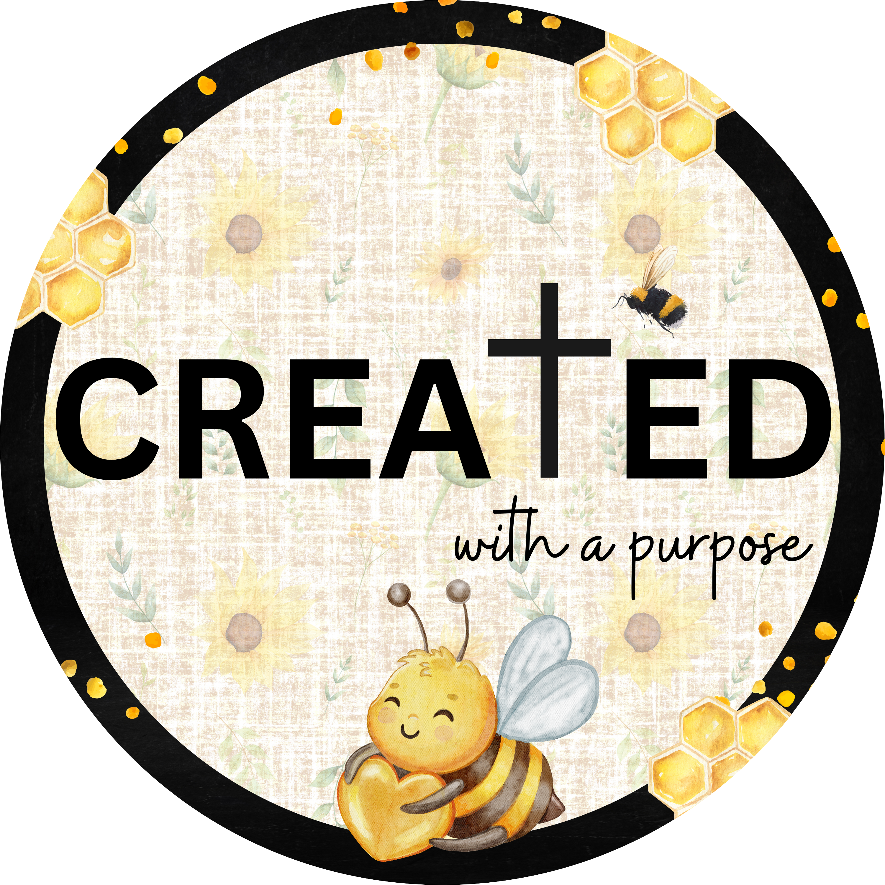 Letrero de abeja "Creado con un propósito": decoración cristiana redonda de metal con diseño inspirado en las Escrituras, ideal para coronas o decoración de pared con temática de fe.