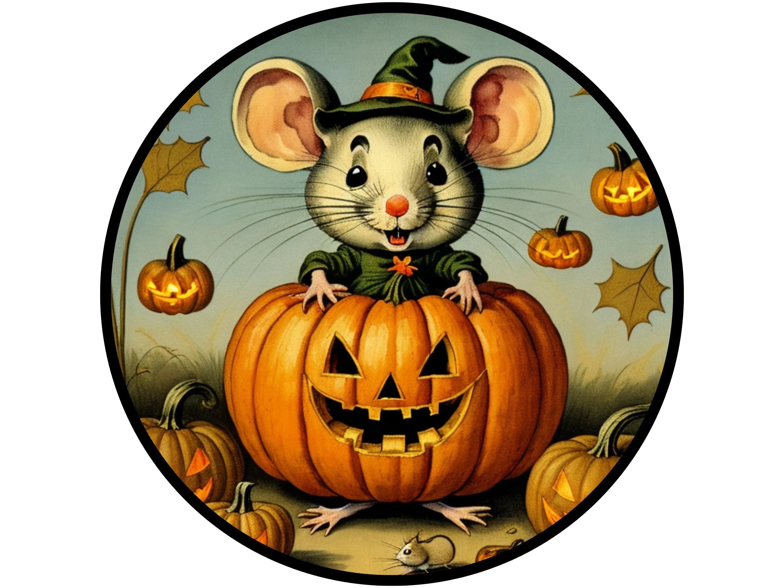 cute vintage retro Halloween mouse in a pumpkin wreath sign, sign for Halloween, sign for October
