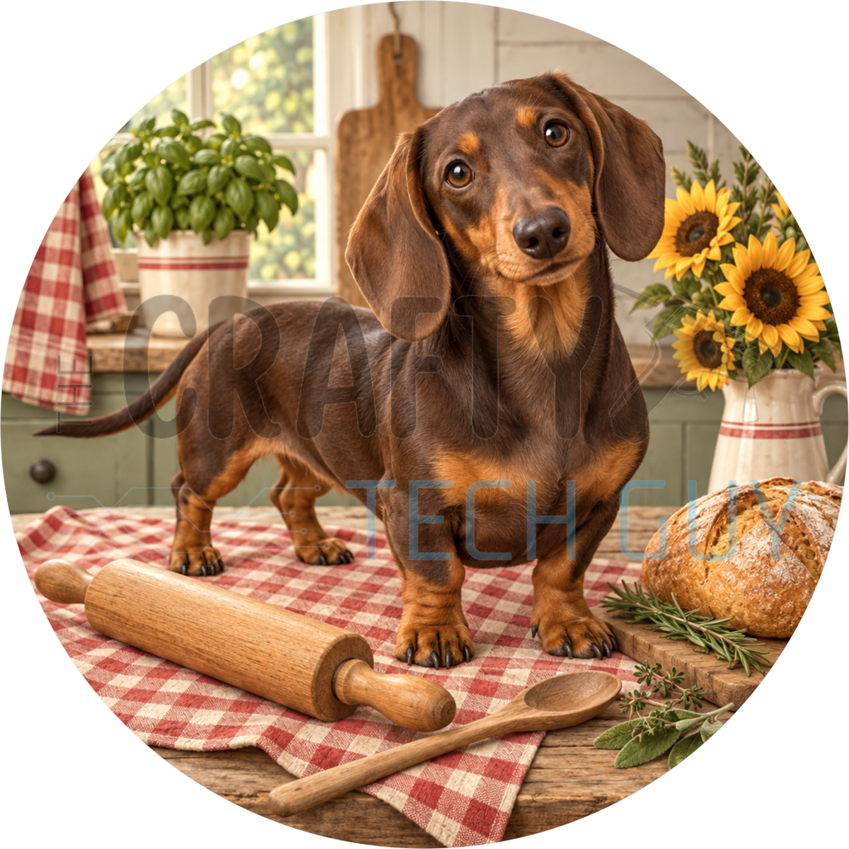 Chocolate and tan dachshund round wreath sign on a red checked cloth with a rolling pin, bread loaf and pitcher of sunflowers