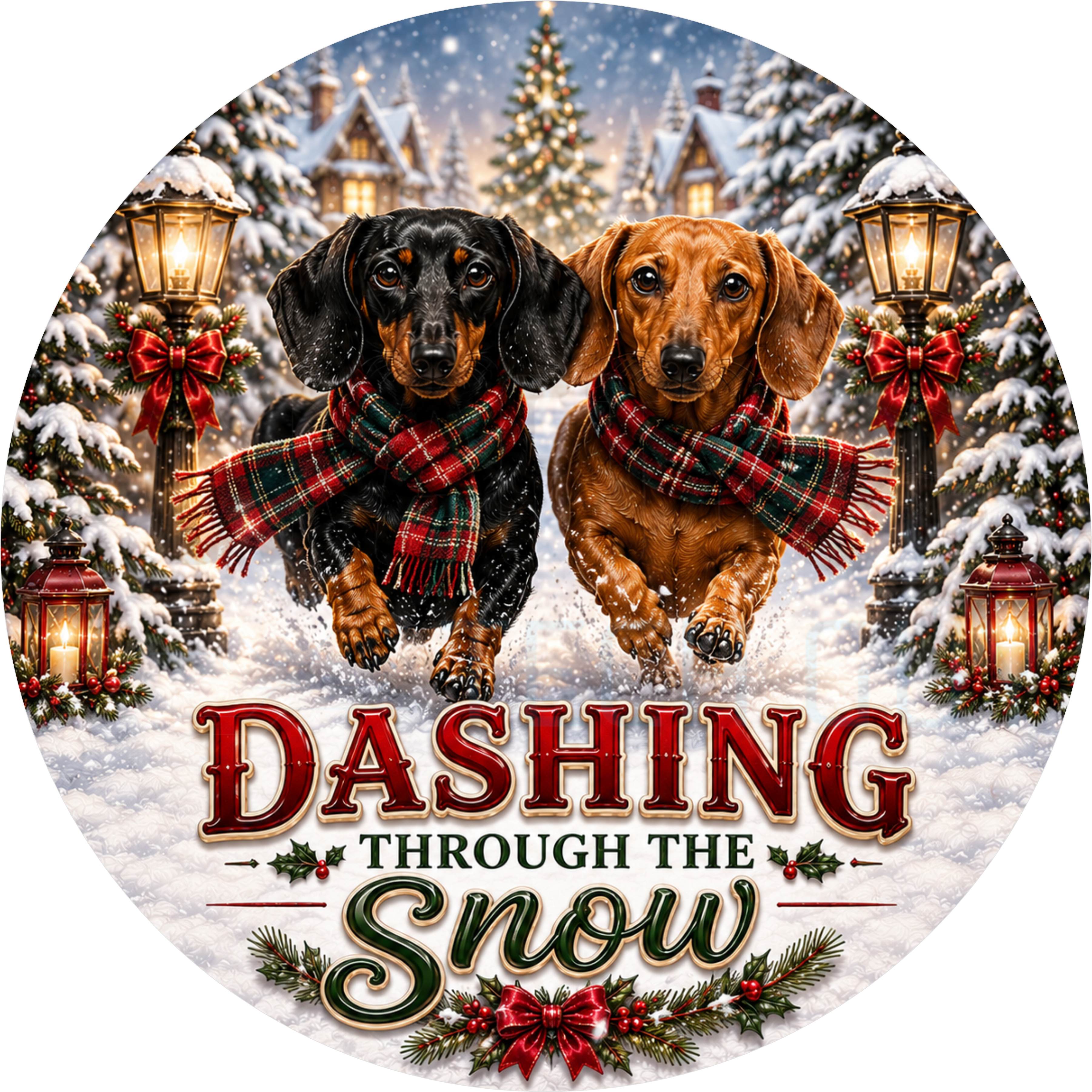 Christmas round wreath sign in coated aluminum, showing two dachshunds in tartan scarves running through snow past lit lampposts and a village