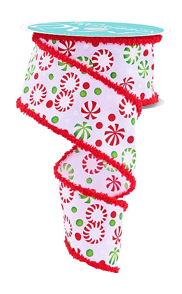 2.5 Inch 10 Yard Red and Green Peppermint Candy Print on White Wired Christmas Ribbon with Red Chenille Drift Edge