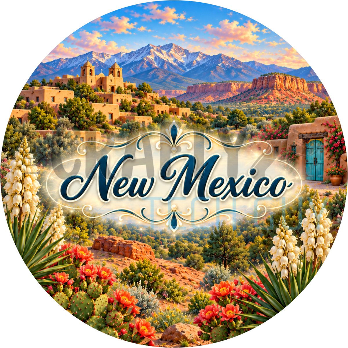 Round New Mexico state wreath sign with navy script lettering over adobe pueblo buildings, desert mesas, snowcapped mountains and white yucca blooms