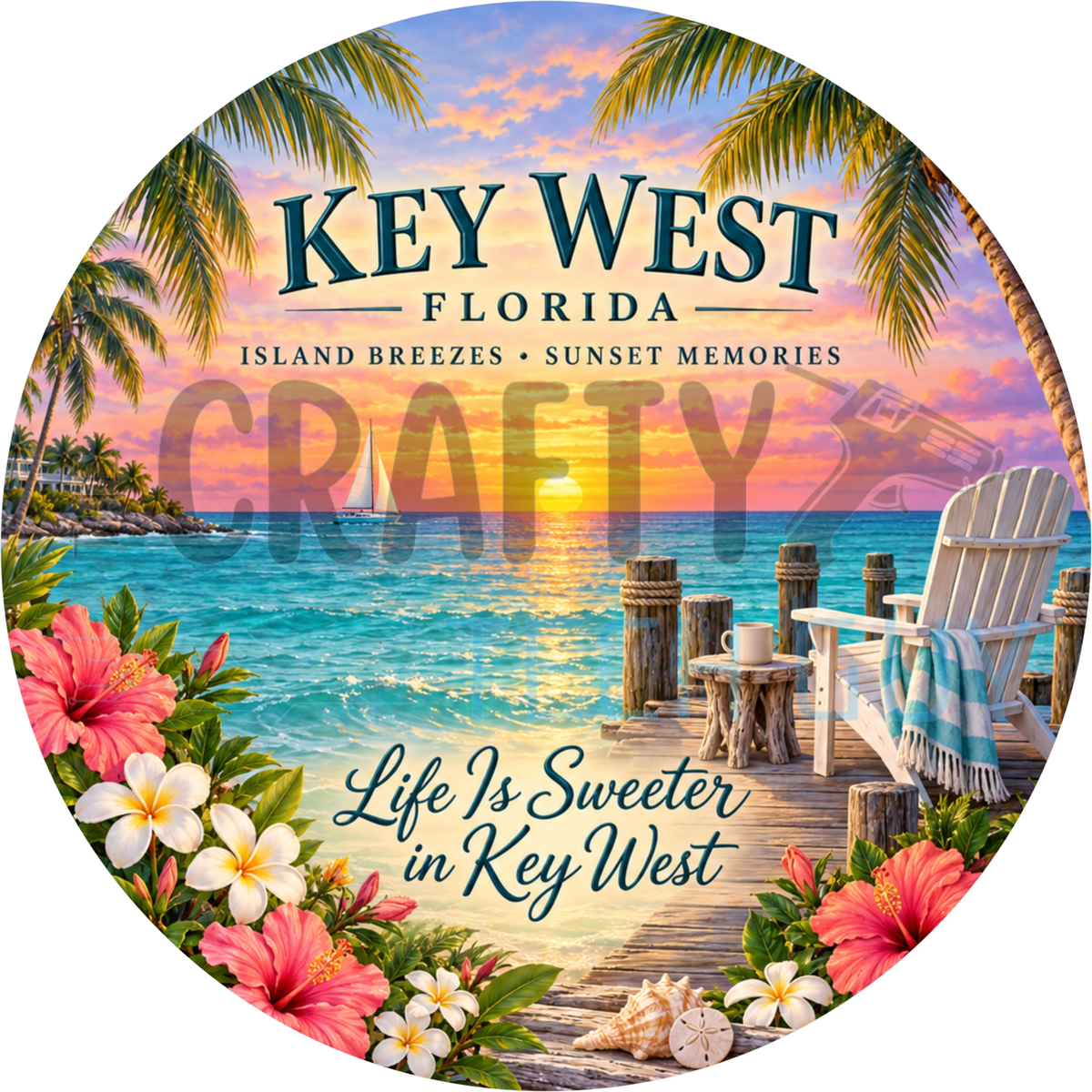 Round Key West Florida wreath sign with a dock and white Adirondack chair over the ocean at sunset reading Life Is Sweeter in Key West