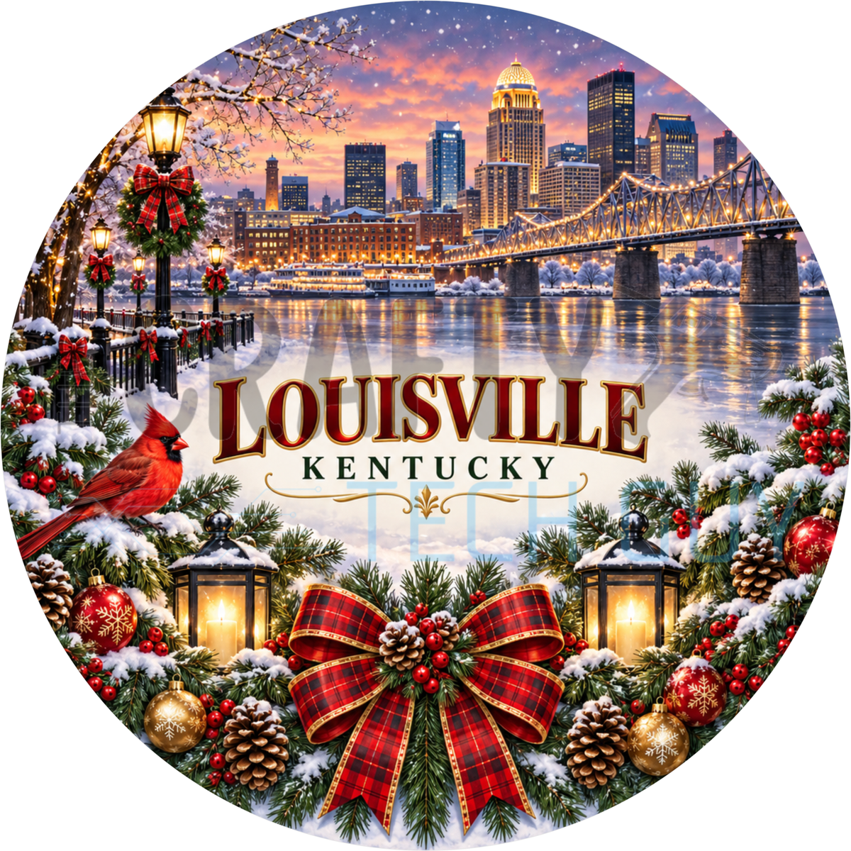 Round Christmas Louisville Kentucky name wreath sign with a snowy skyline and bridge, red plaid bow, lanterns and a red cardinal