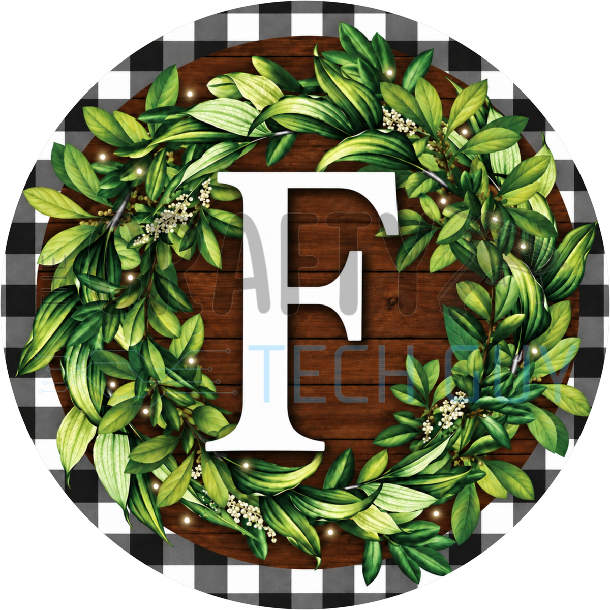 Round monogram wreath sign with a white letter F inside a green leaf wreath on dark wood planks with a black and white buffalo check border