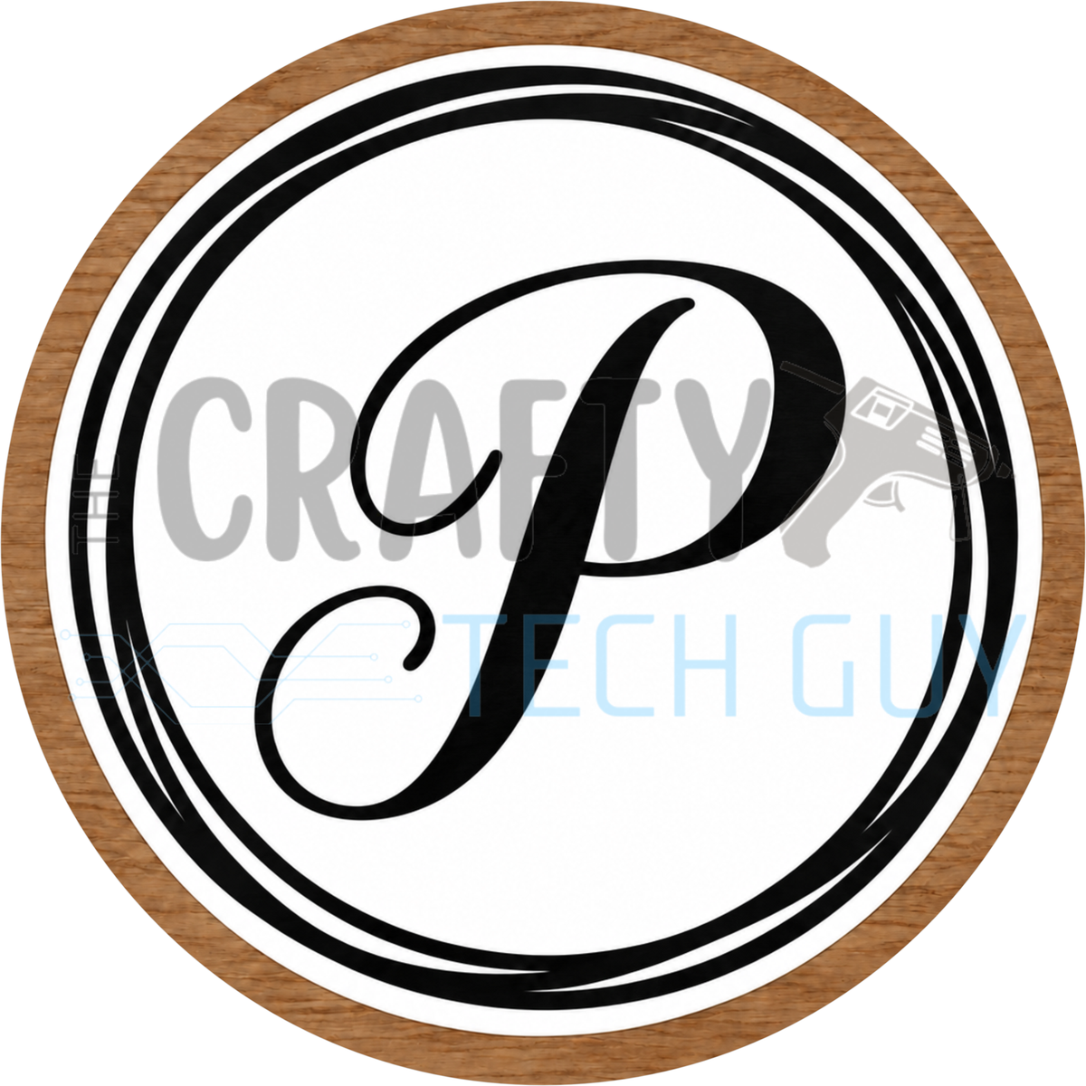 Round monogram wreath sign with a black script calligraphy letter P on white, circled by black swirl lines and a wood grain border