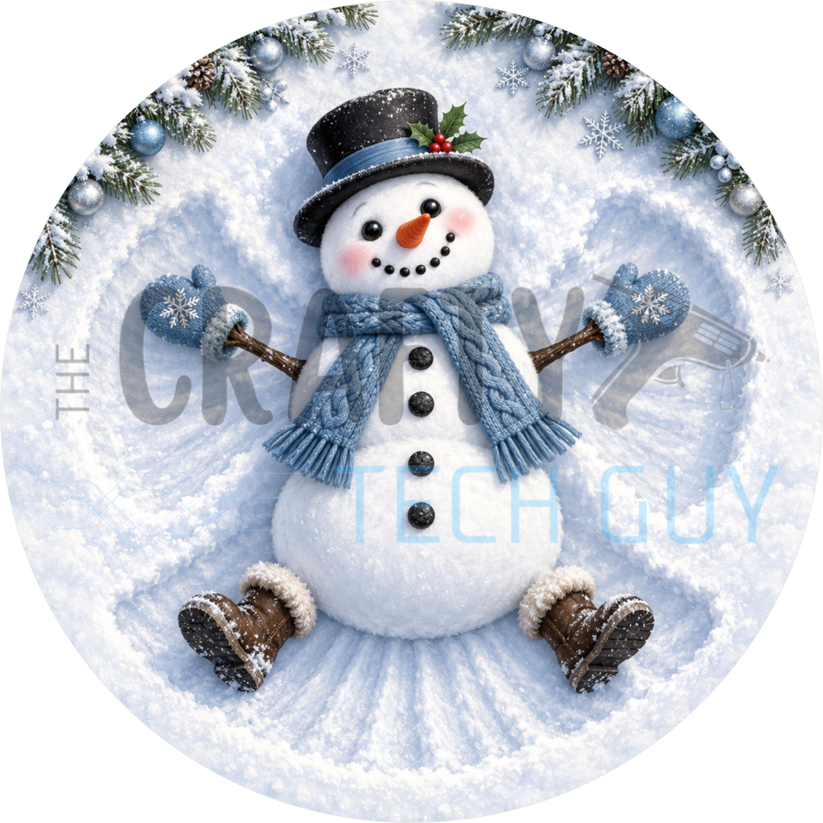 Round winter wreath sign of a smiling snowman in a black top hat and blue knit scarf making a snow angel in fresh snow