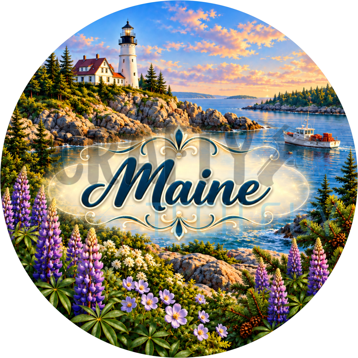 Round Maine state wreath sign with the state name in script framed by purple lupines around a pine cove lighthouse and lobster boat