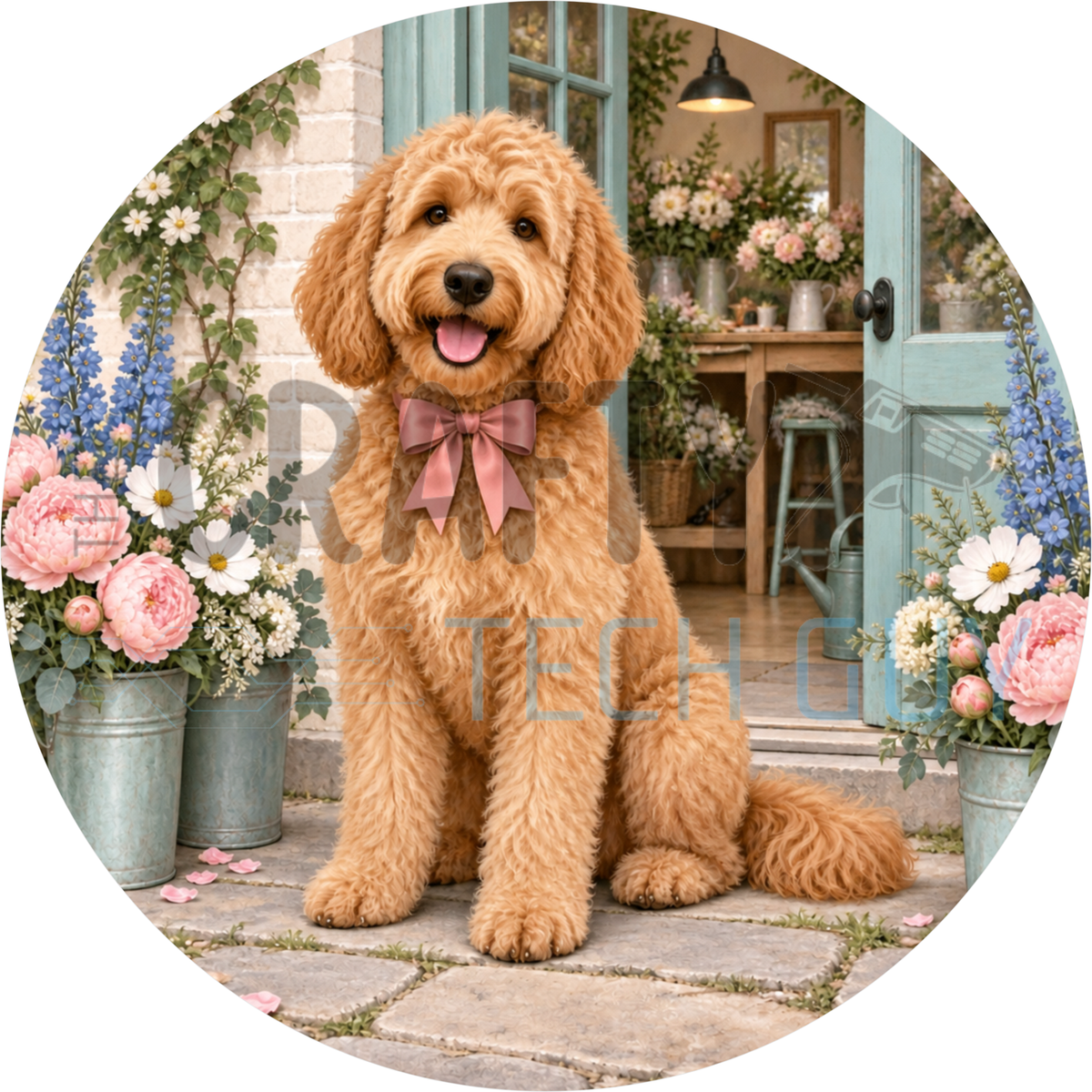 Round dog wreath sign of an apricot Goldendoodle with a pink bow sitting at a flower shop doorway with buckets of pink peonies