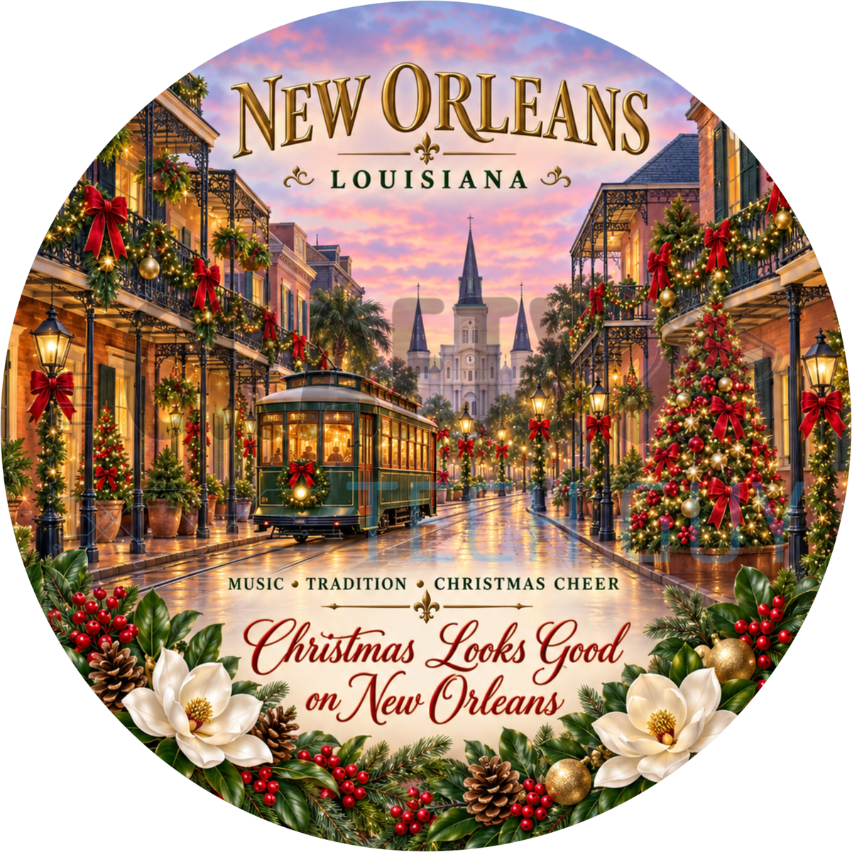 Round Christmas New Orleans Louisiana wreath sign with a green streetcar, garland-draped balconies and a lit Christmas tree