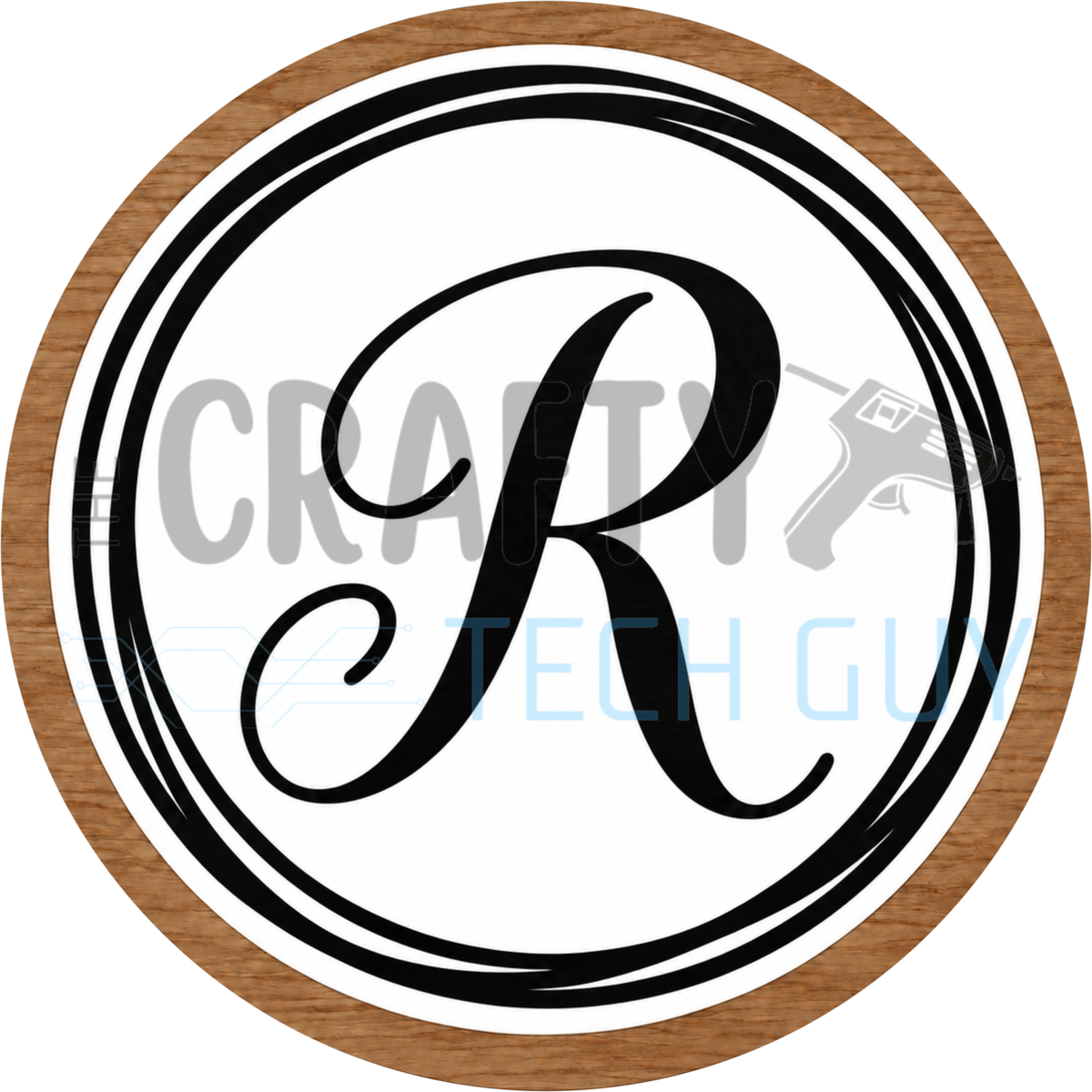 Round monogram wreath sign with a black script calligraphy letter R on white, circled by black swirl lines and a wood grain border