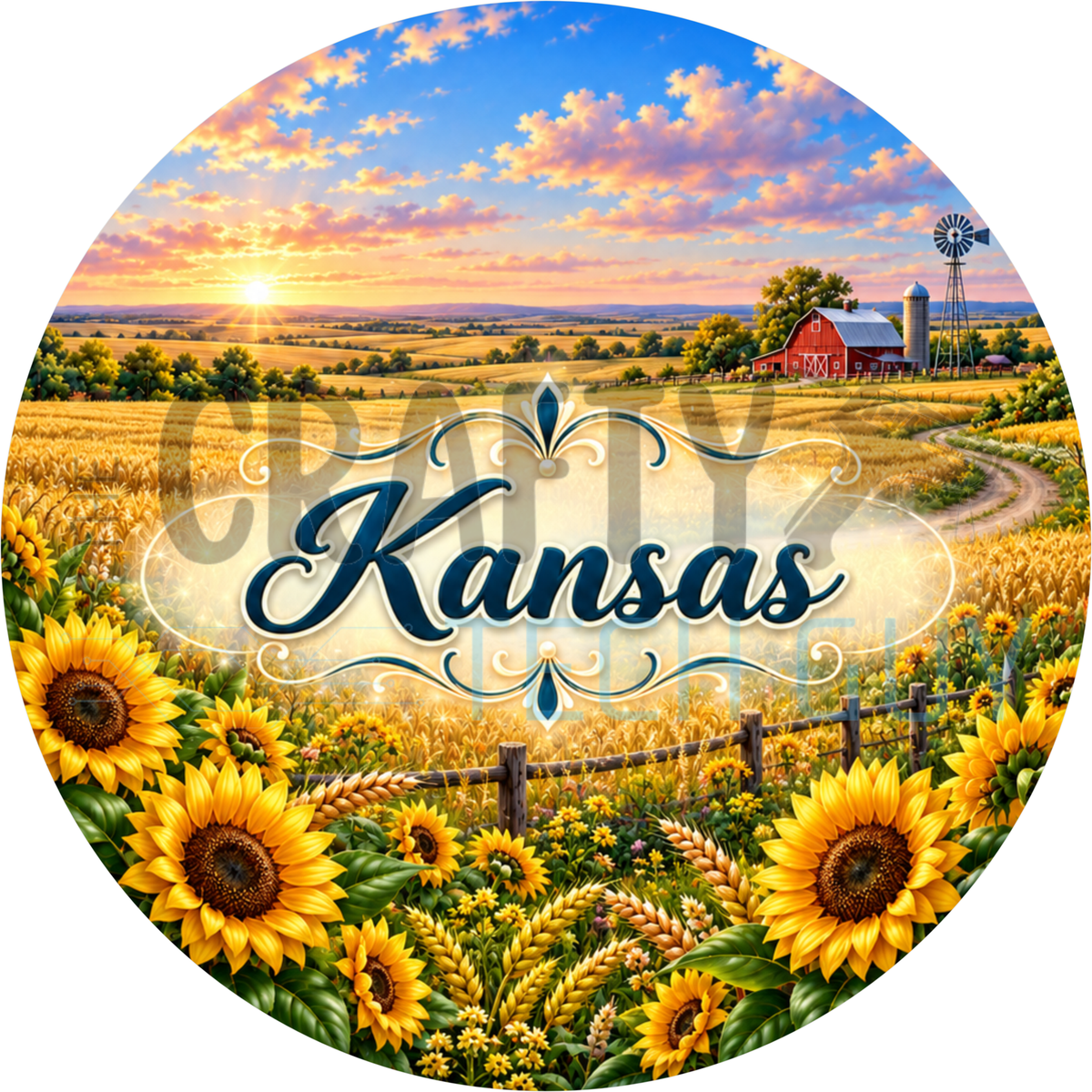 Round Kansas state wreath sign with the state name in script over golden wheat fields, a red barn and windmill with sunflowers