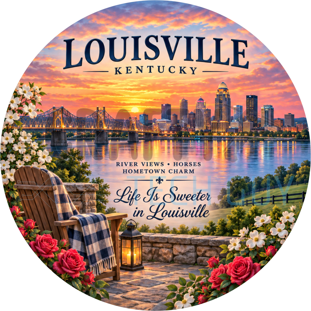 Round Louisville Kentucky wreath sign with an Adirondack chair and lantern overlooking the river skyline at sunset reading Life Is Sweeter in Louisville