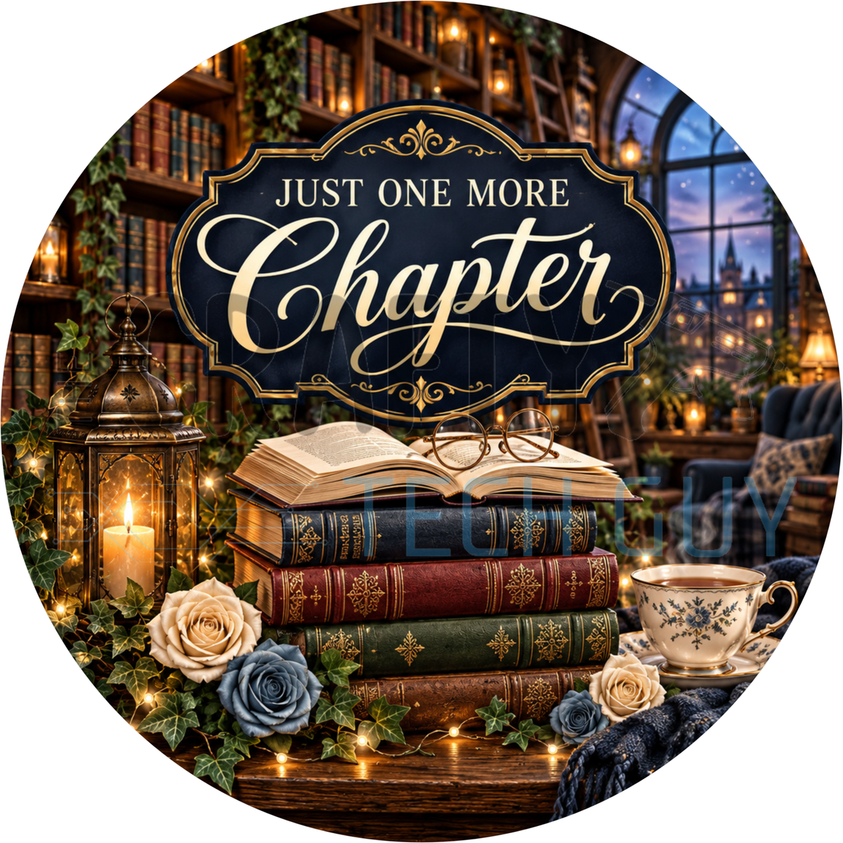 Round book lover wreath sign reading Just One More Chapter above stacked books, a lantern, a teacup and roses in a cozy library