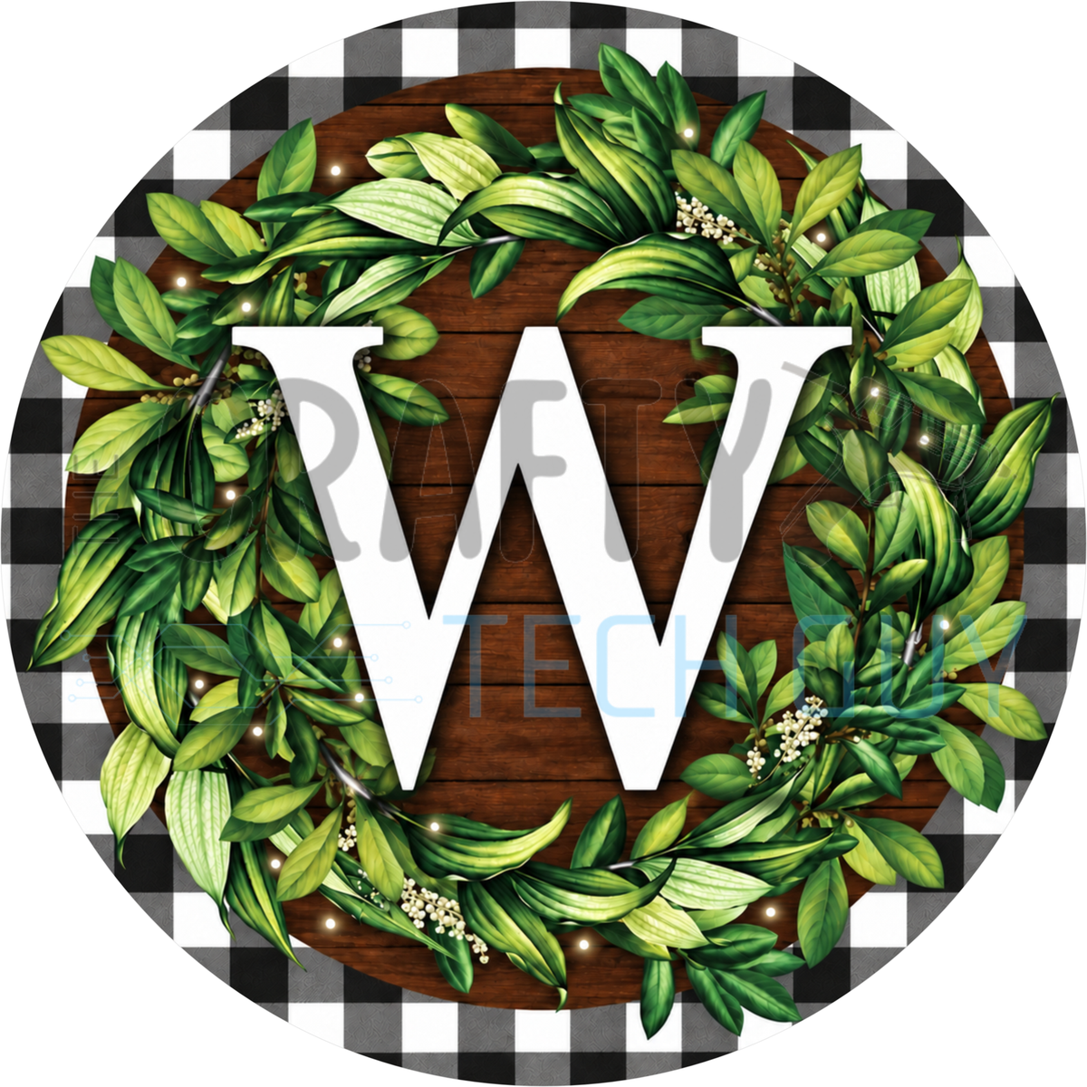 Round monogram wreath sign with a white letter W inside a green leaf wreath on dark wood planks with a black and white buffalo check border