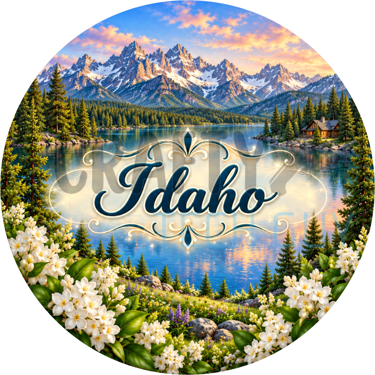 Round Idaho state wreath sign with the state name in script over a mountain lake below the Sawtooth peaks with white syringa flowers