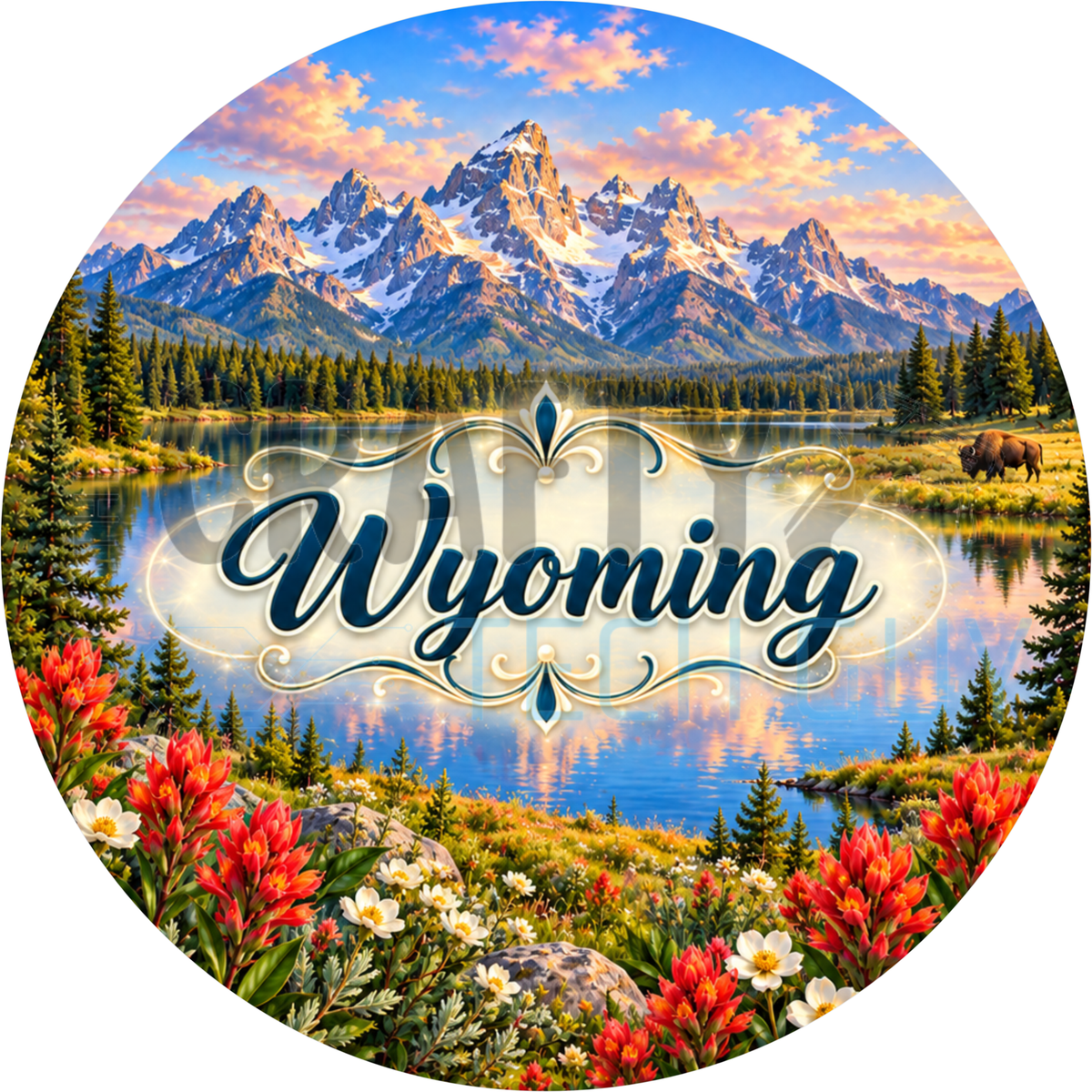 Round Wyoming state wreath sign with navy script lettering over the Grand Teton mountains, a lake, a bison and red Indian paintbrush