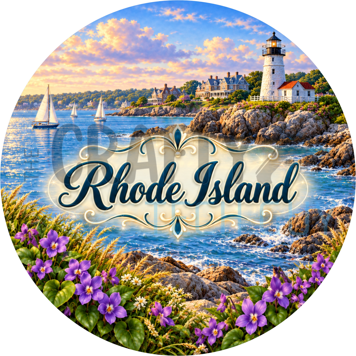 Round Rhode Island state wreath sign with navy script lettering over a white lighthouse, rocky coastline, sailboats and purple violets