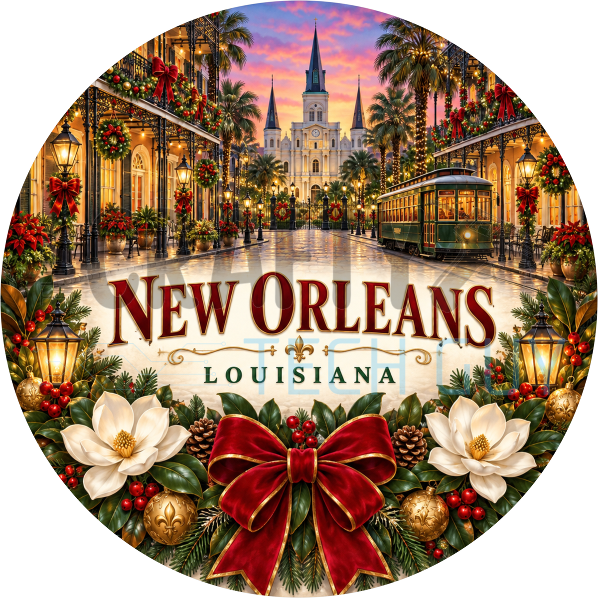 Round Christmas New Orleans Louisiana name wreath sign with a streetcar, cathedral, red velvet bow and magnolias