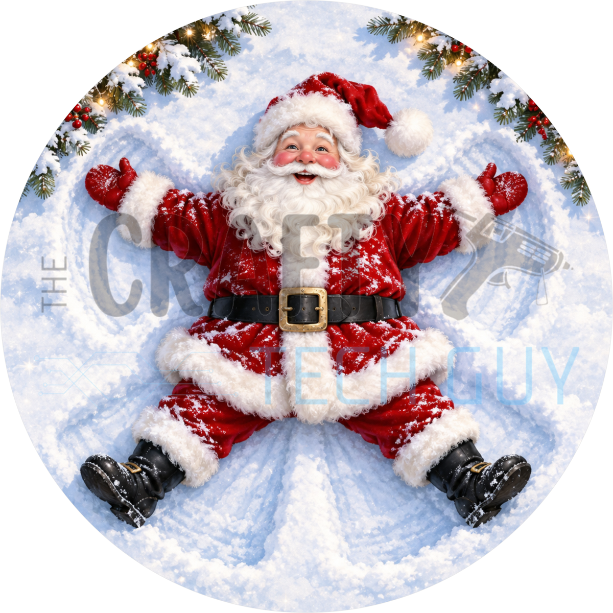 Round Christmas wreath sign of a laughing Santa Claus making a snow angel in white snow, wearing his red suit and black boots under snowy pine boughs
