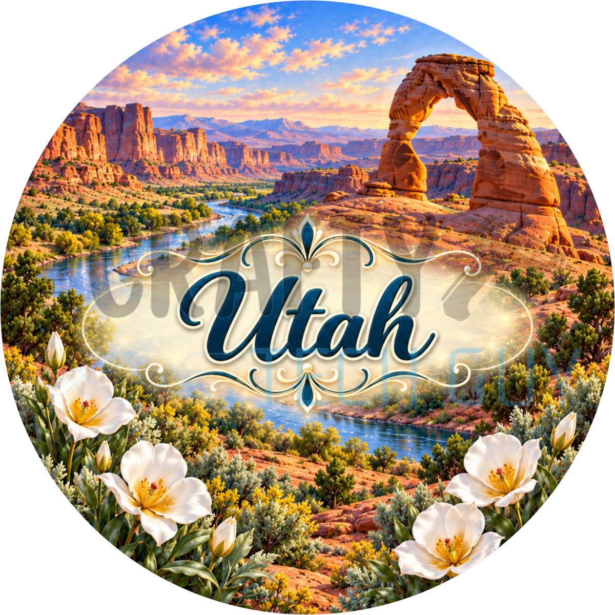 Round Utah state wreath sign with navy script lettering over Delicate Arch, red rock canyons, a river and white sego lilies