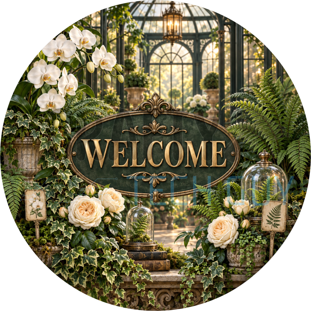 Round welcome wreath sign of a green and gold Welcome plaque inside a vintage greenhouse with ferns, ivy and cream roses
