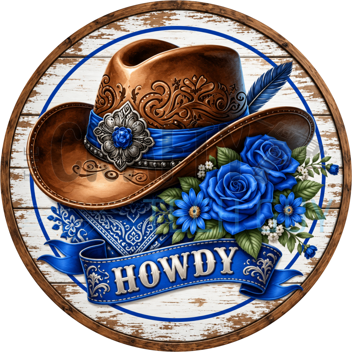 Round western wreath sign with a brown cowboy hat, blue roses and a blue bandana ribbon reading Howdy on whitewashed wood