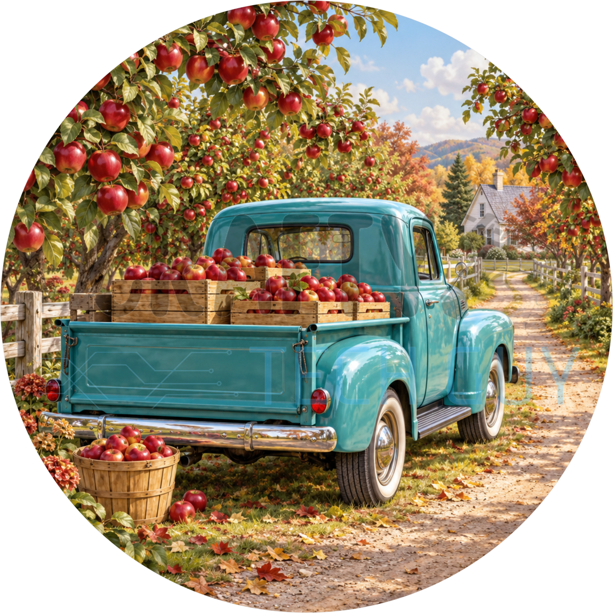 Round fall wreath sign of a vintage turquoise pickup truck loaded with apple crates parked under apple trees on an orchard lane