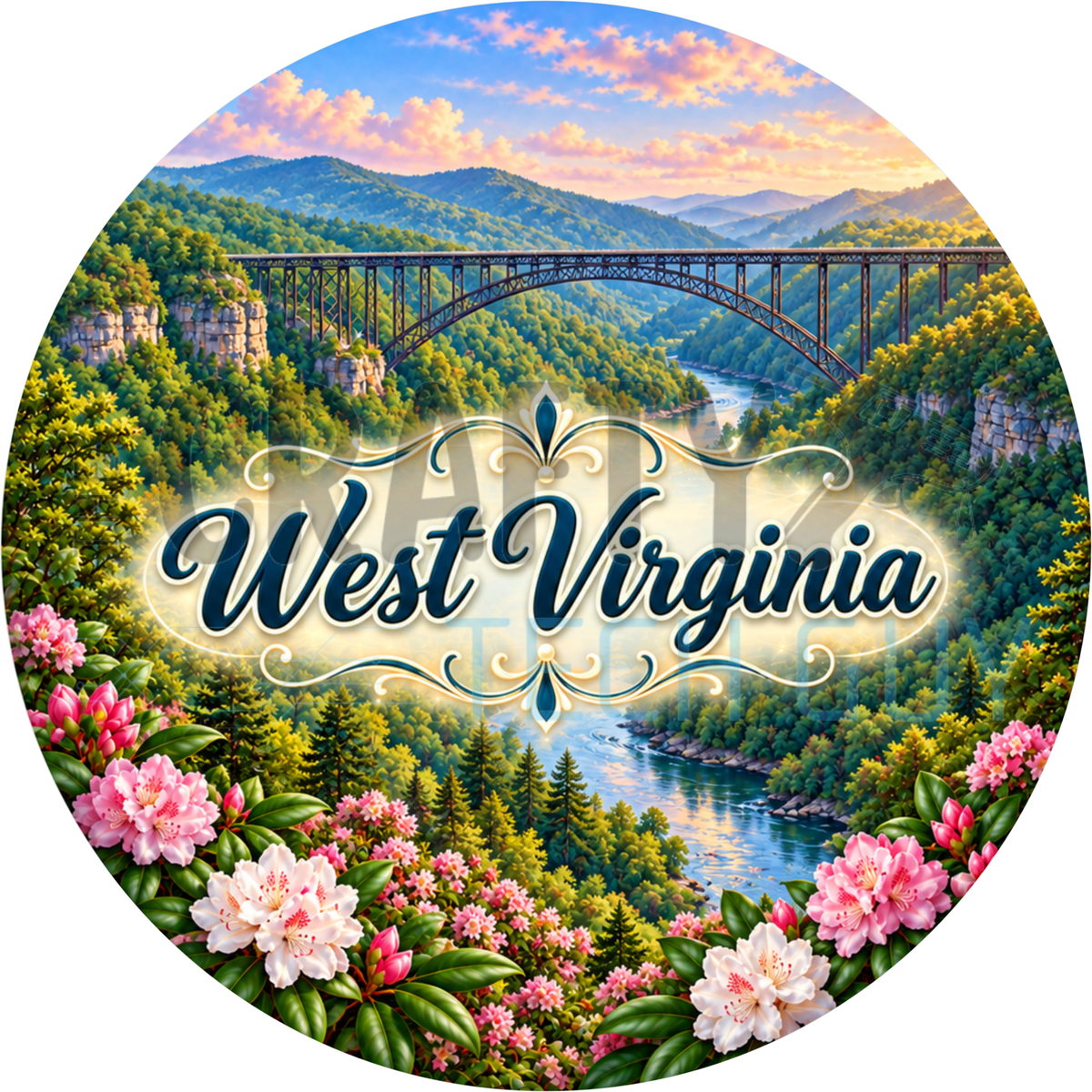 Round West Virginia state wreath sign with navy script lettering over the New River Gorge Bridge, forested mountains, a river and pink rhododendrons