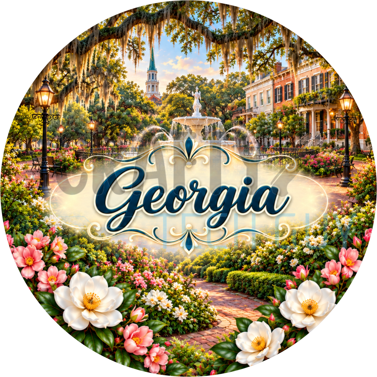 Round Georgia state wreath sign with the state name in script over a Savannah square with a fountain, mossy oaks and Cherokee roses