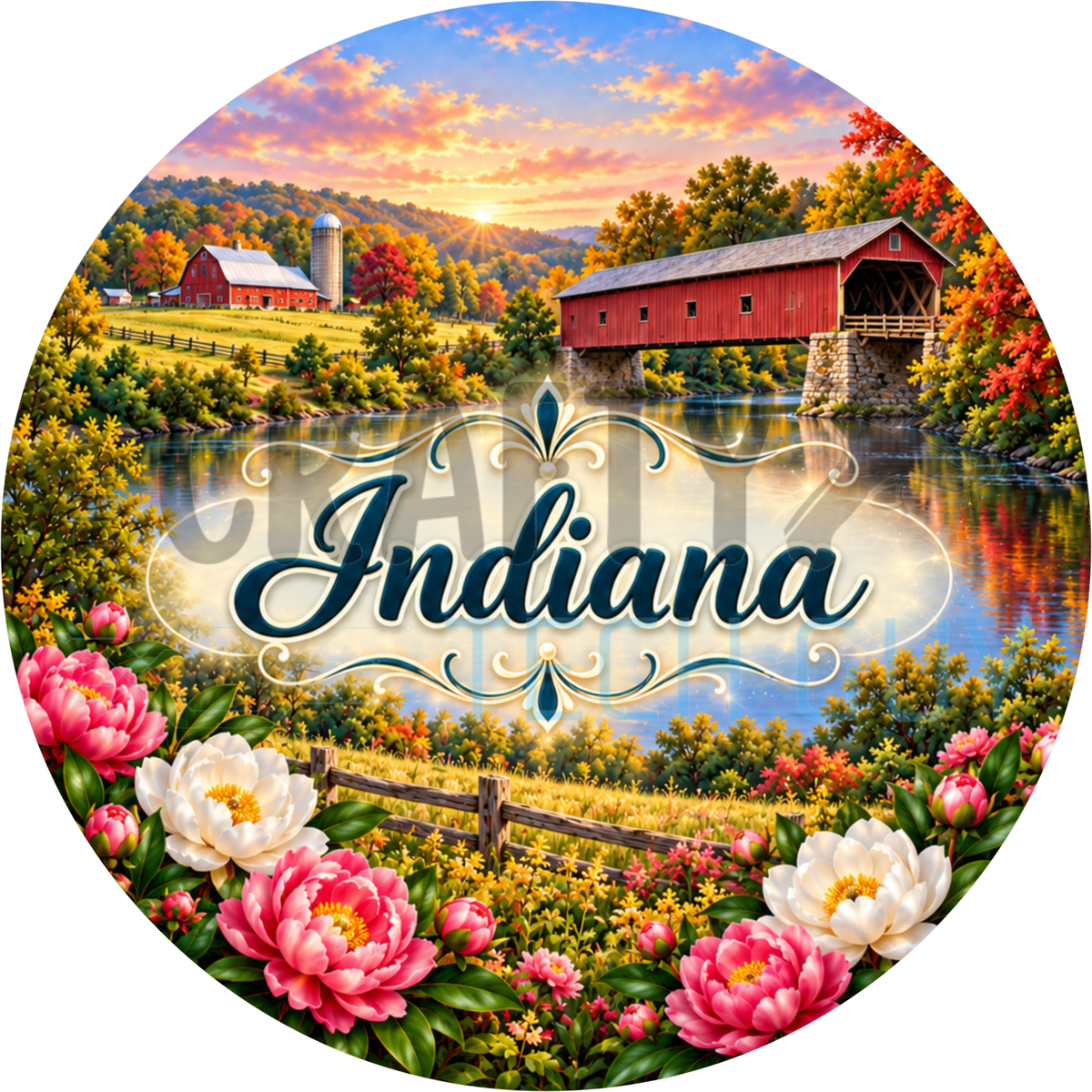 Round Indiana state wreath sign with the state name in script over a red covered bridge and river with a barn and pink peonies