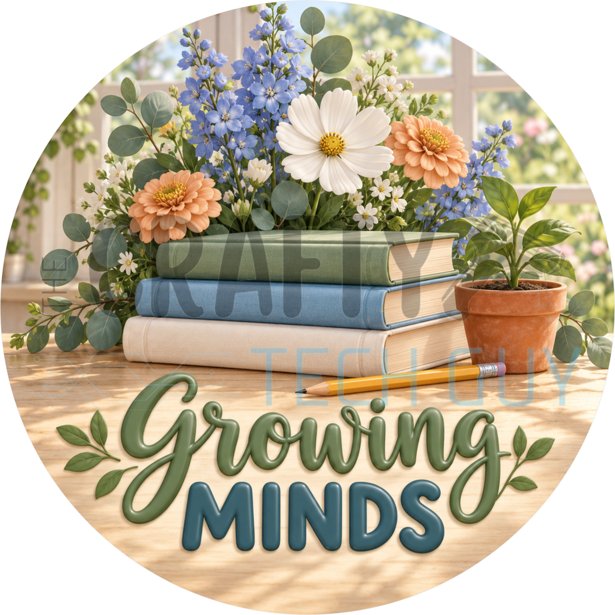 Round teacher wreath sign reading Growing Minds below stacked books with blue and peach flowers and a potted plant