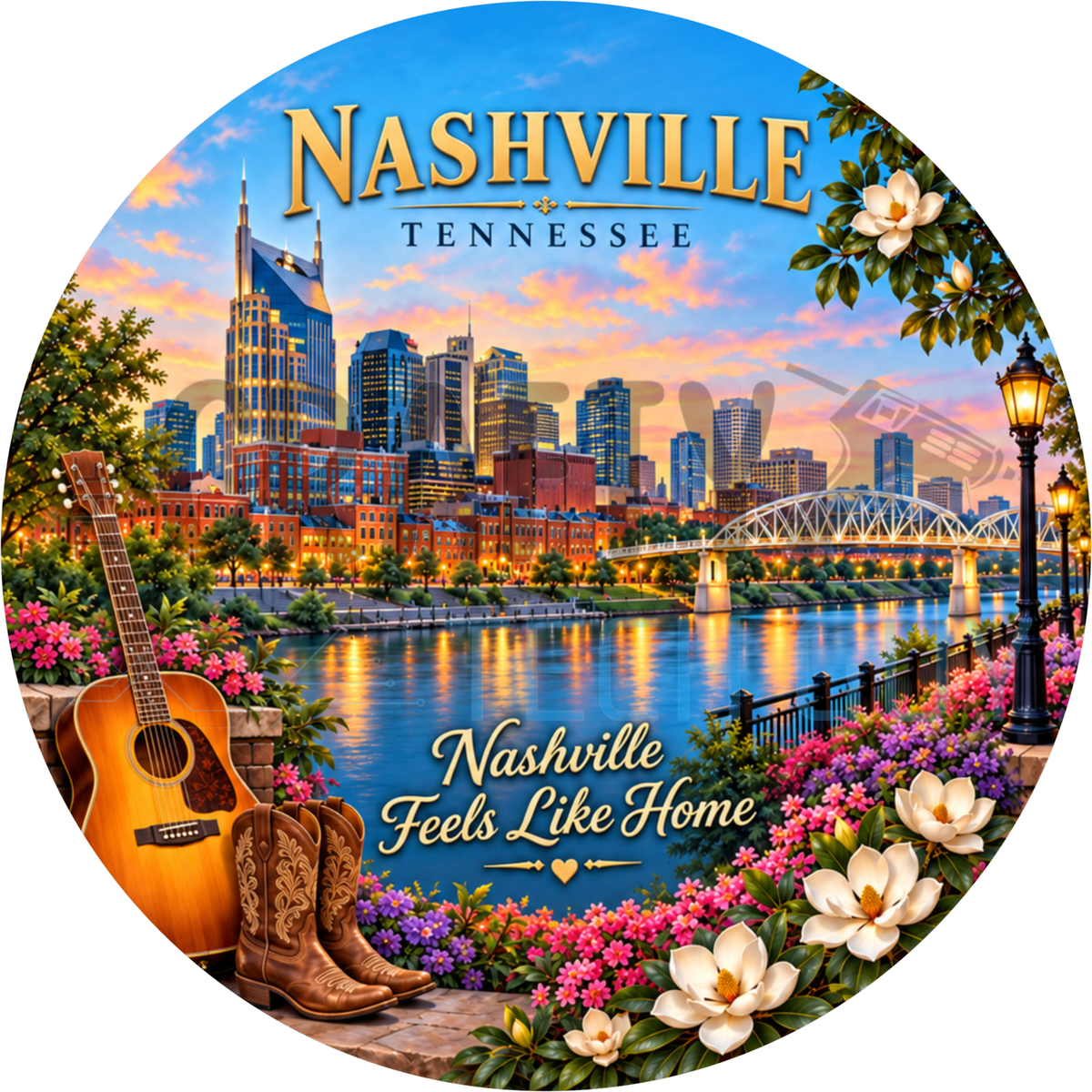 Round Nashville Tennessee wreath sign with the city skyline over the river, a guitar and cowboy boots reading Nashville Feels Like Home