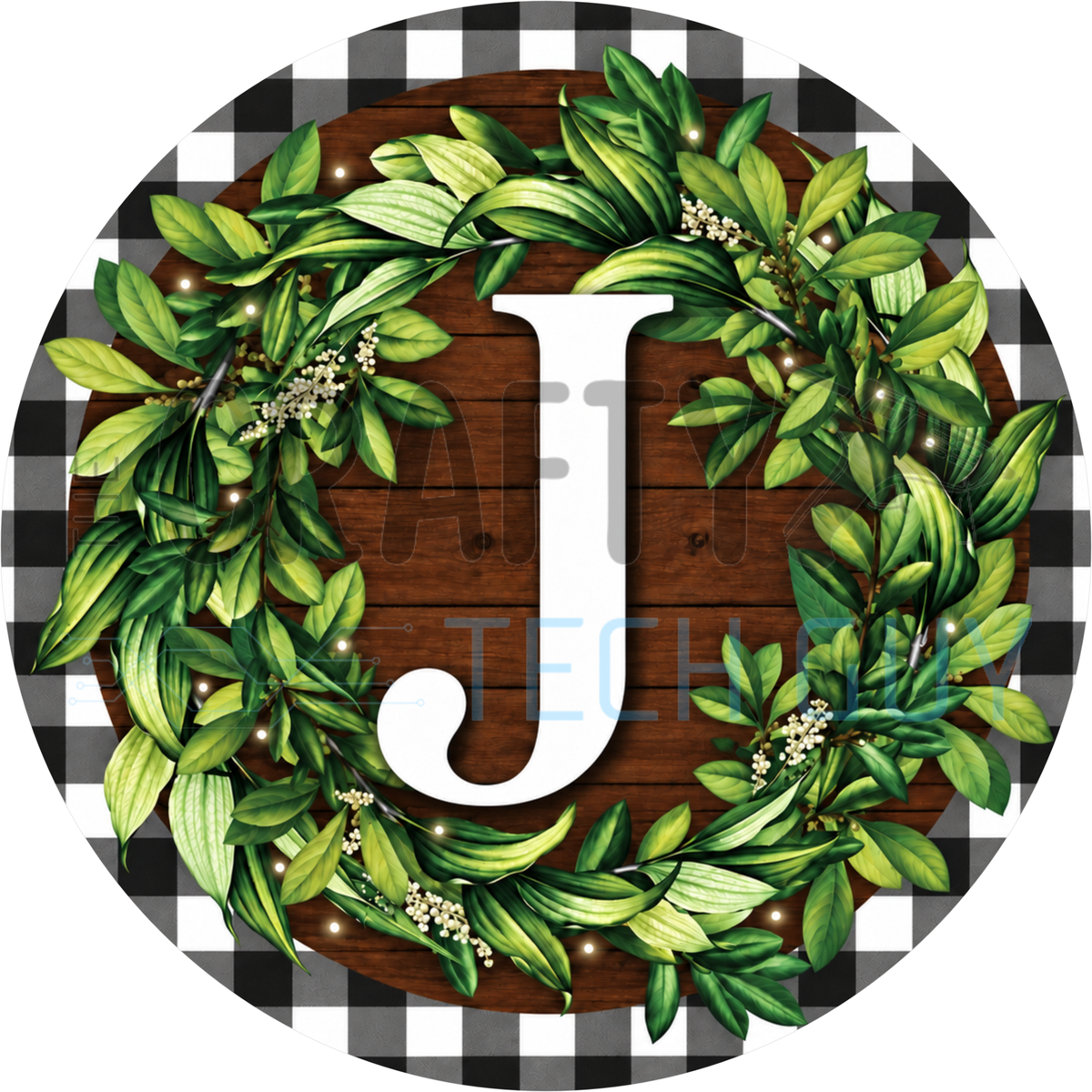 Round monogram wreath sign with a white letter J inside a green leaf wreath on dark wood planks with a black and white buffalo check border